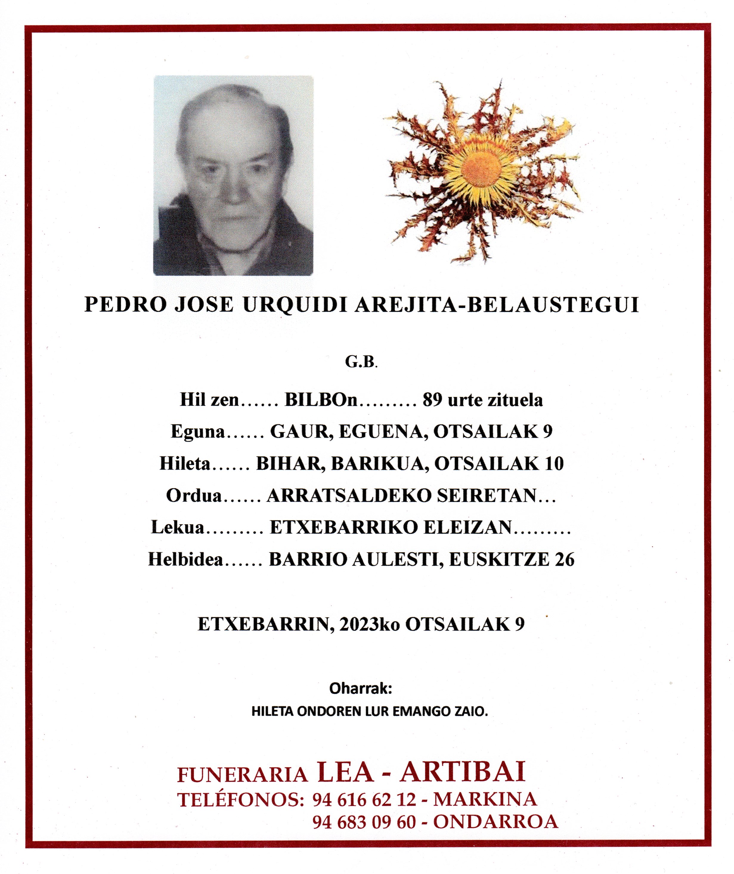Esquela de Pedro Urquidi Arejita-Belaustegui