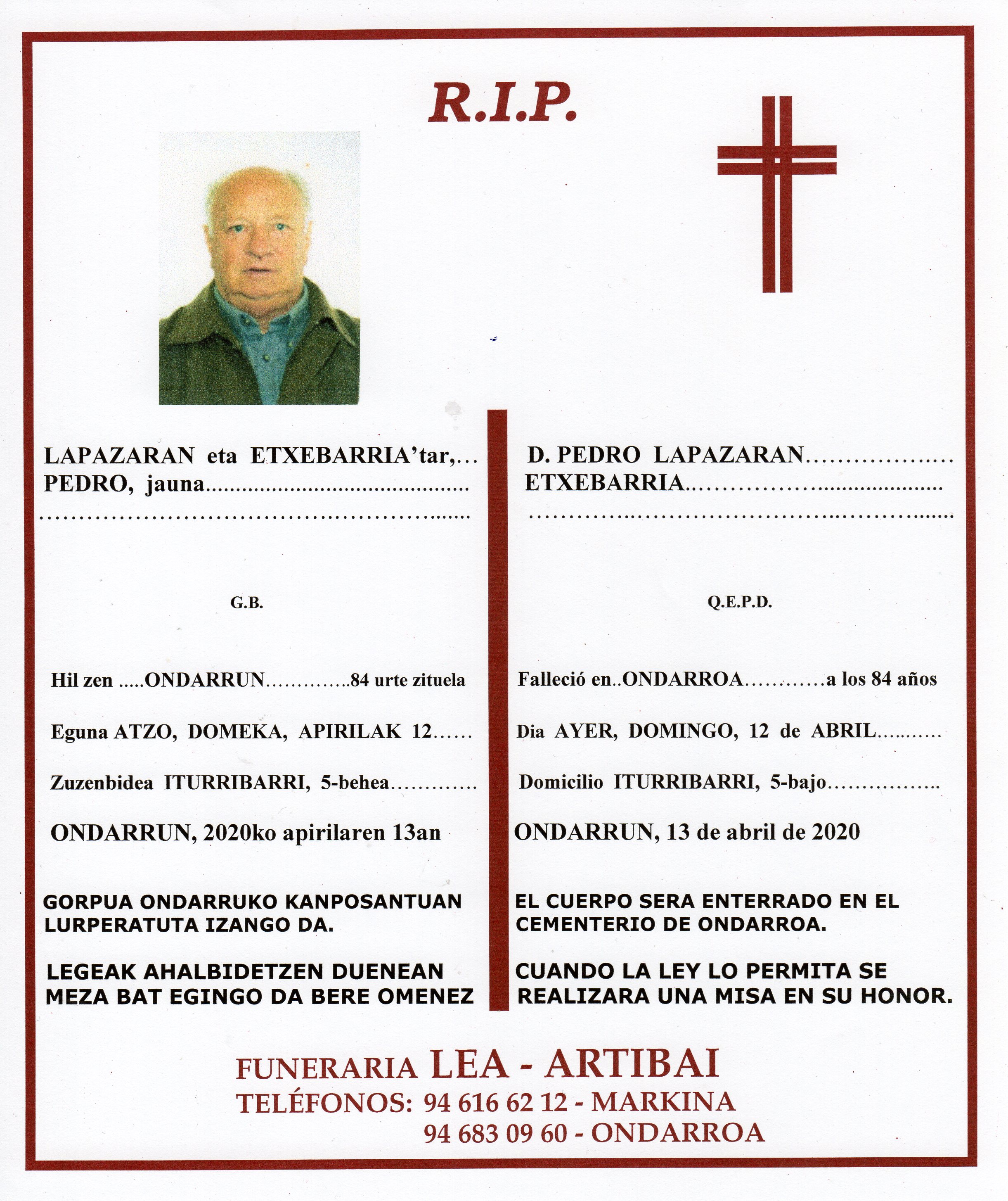 Esquela de Pedro Lapazaran Etxebarria
