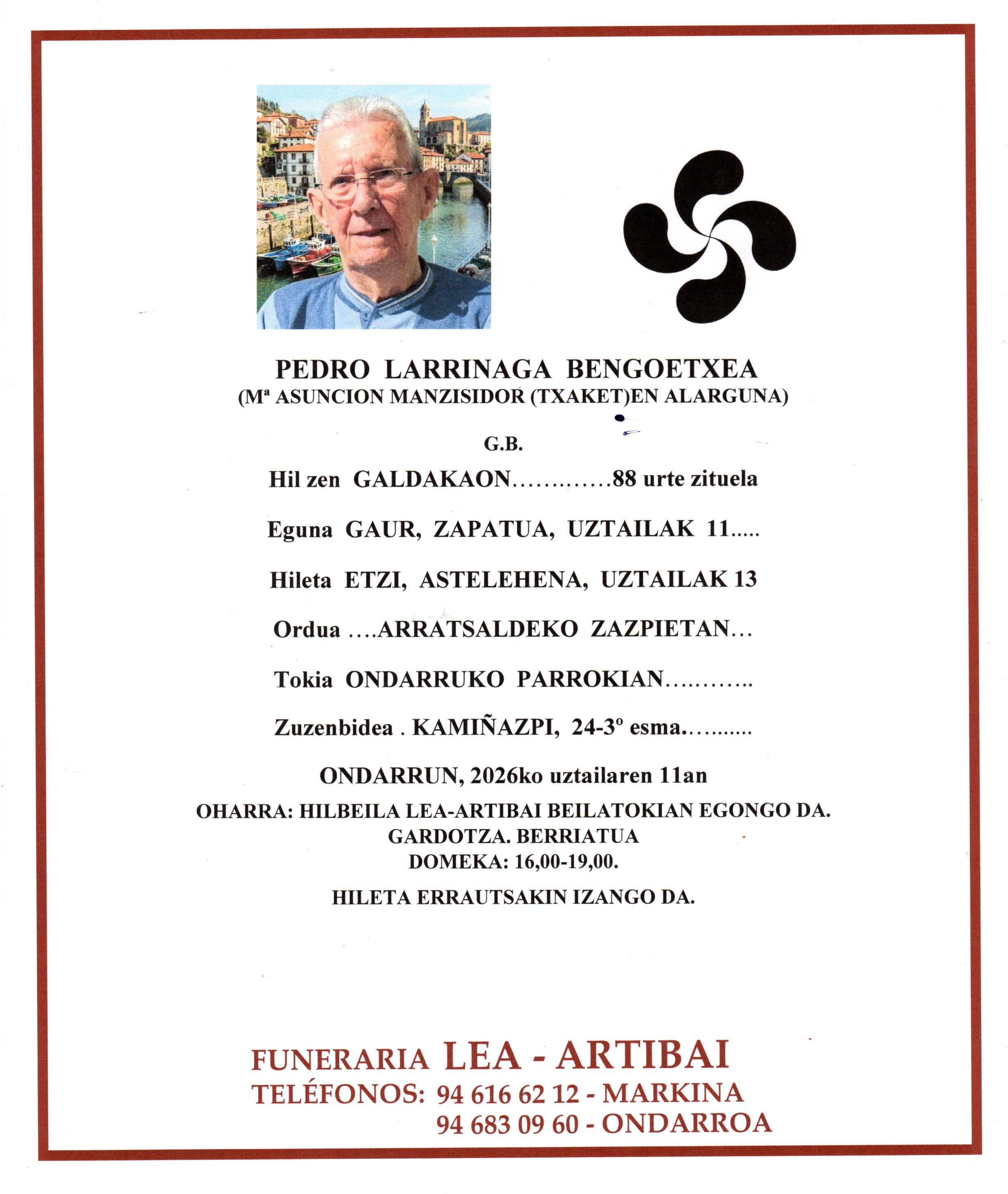 Esquela de Pedro Larrinaga Bengoetxea