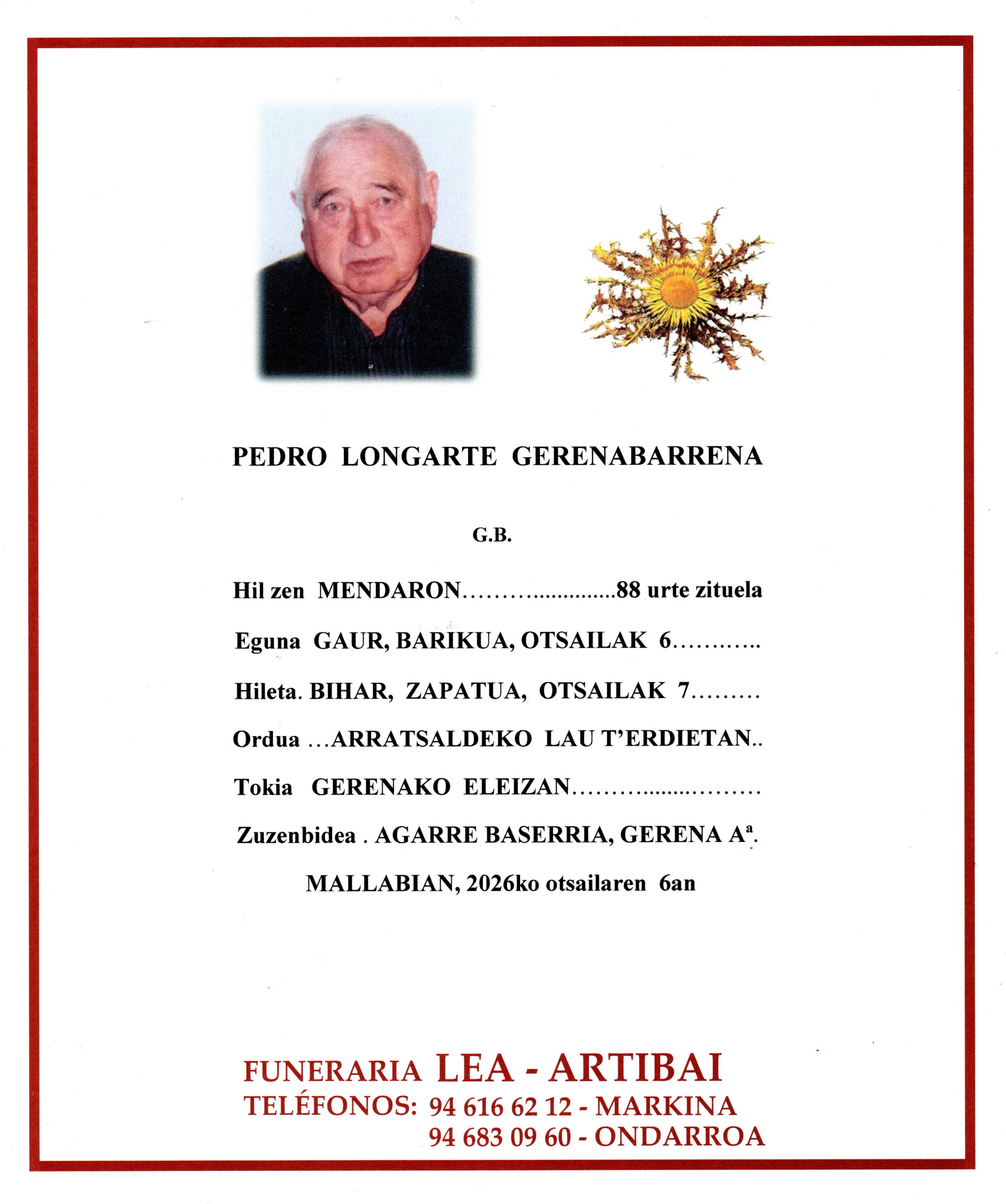 Esquela de Pedro Longarte Gerenabarrena