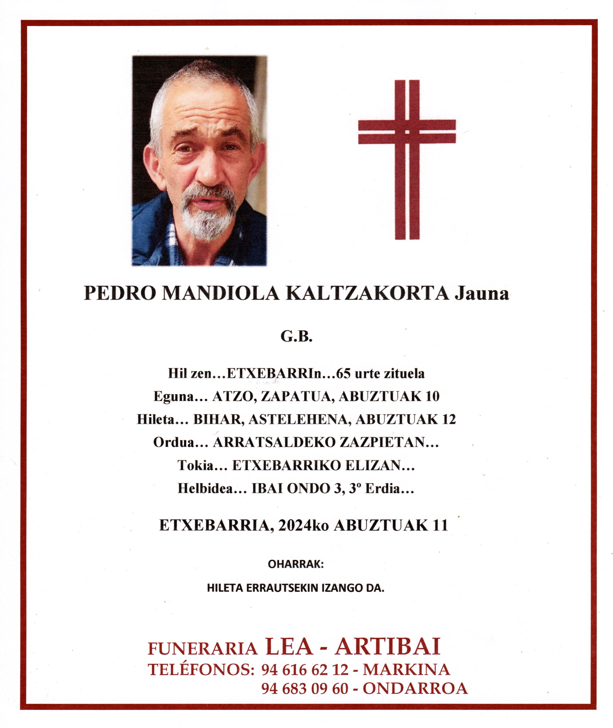 Esquela de Pedro Mandiola Kalzakorta