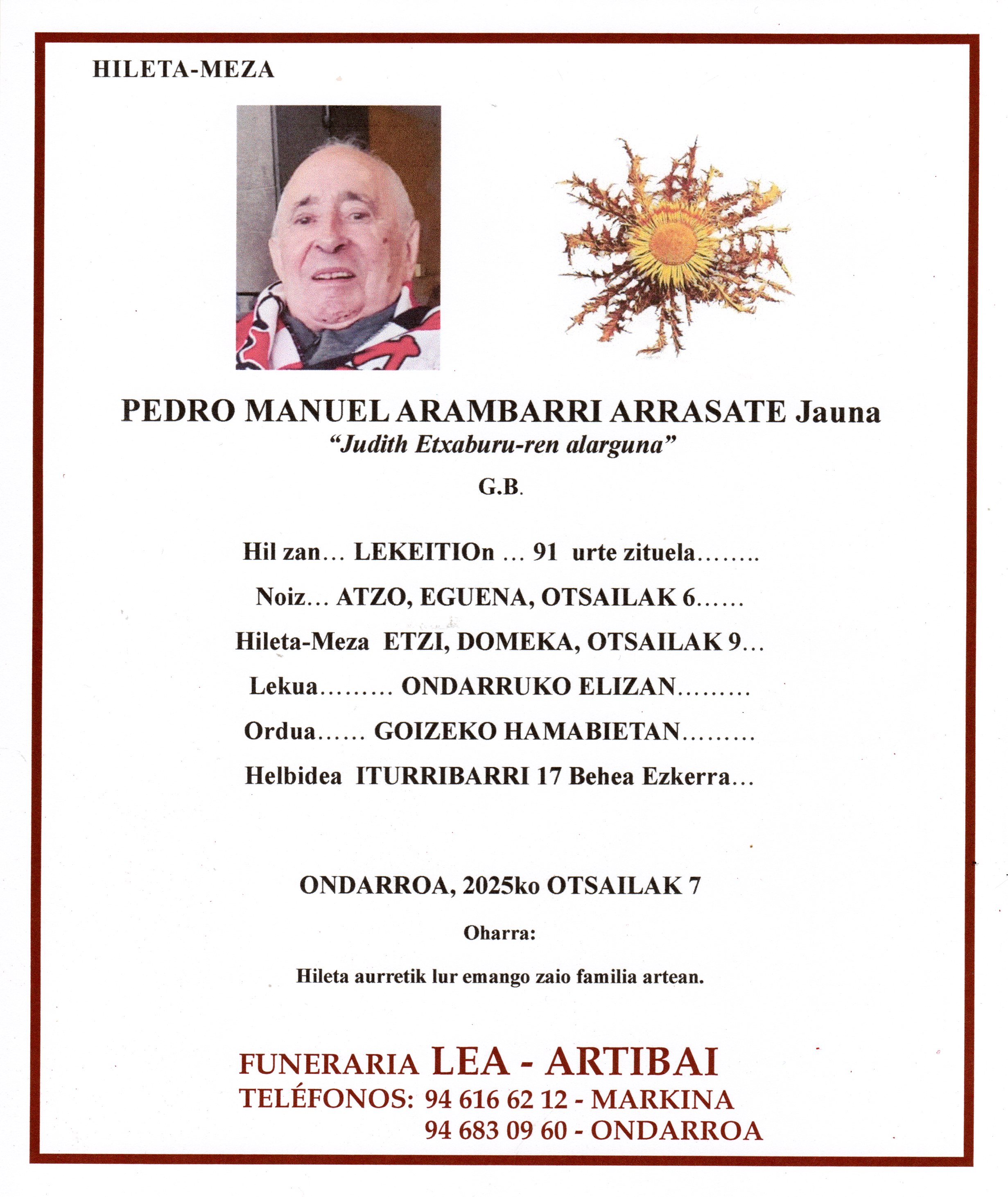Esquela de Pedro Aranbarri Arrasate