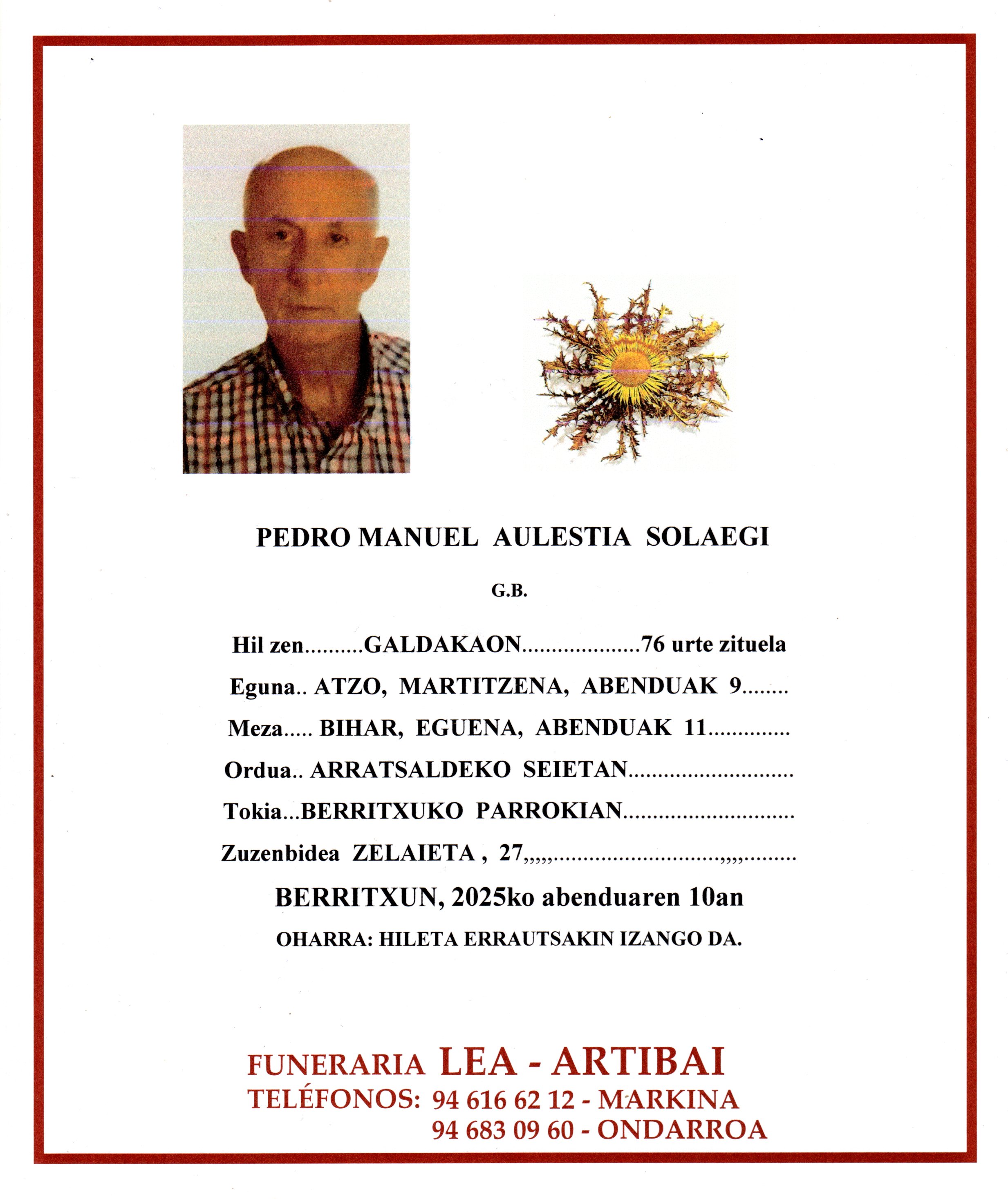 Esquela de Pedro Manuel Aulestia Solaegi