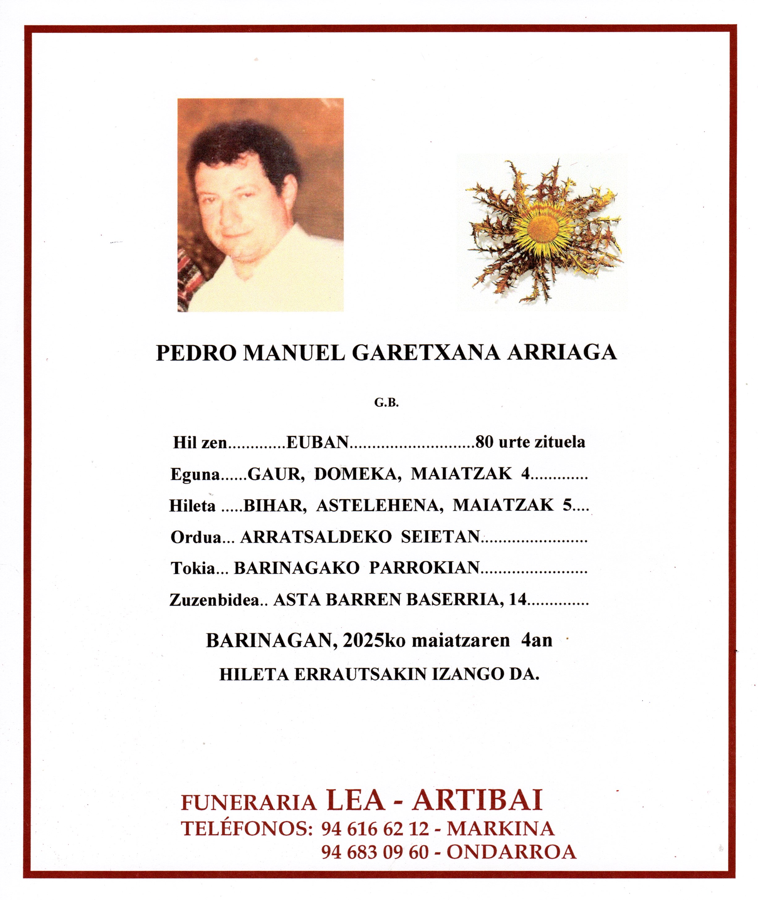 Esquela de Pedro Manuel Garechana Arriaga