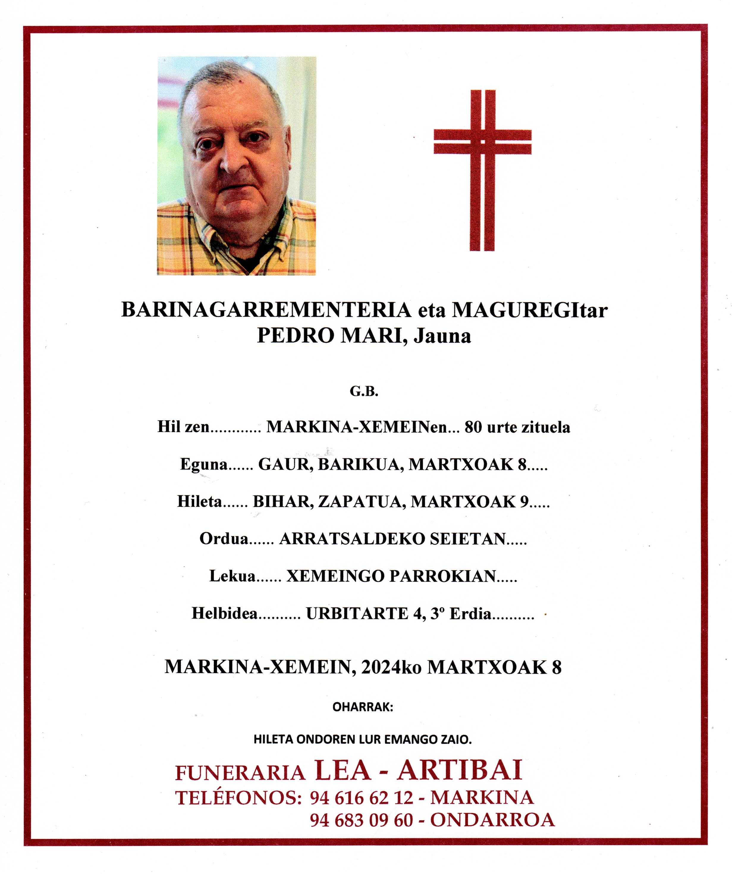 Esquela de Pedro Mari Barinagarrementeria Maguregi