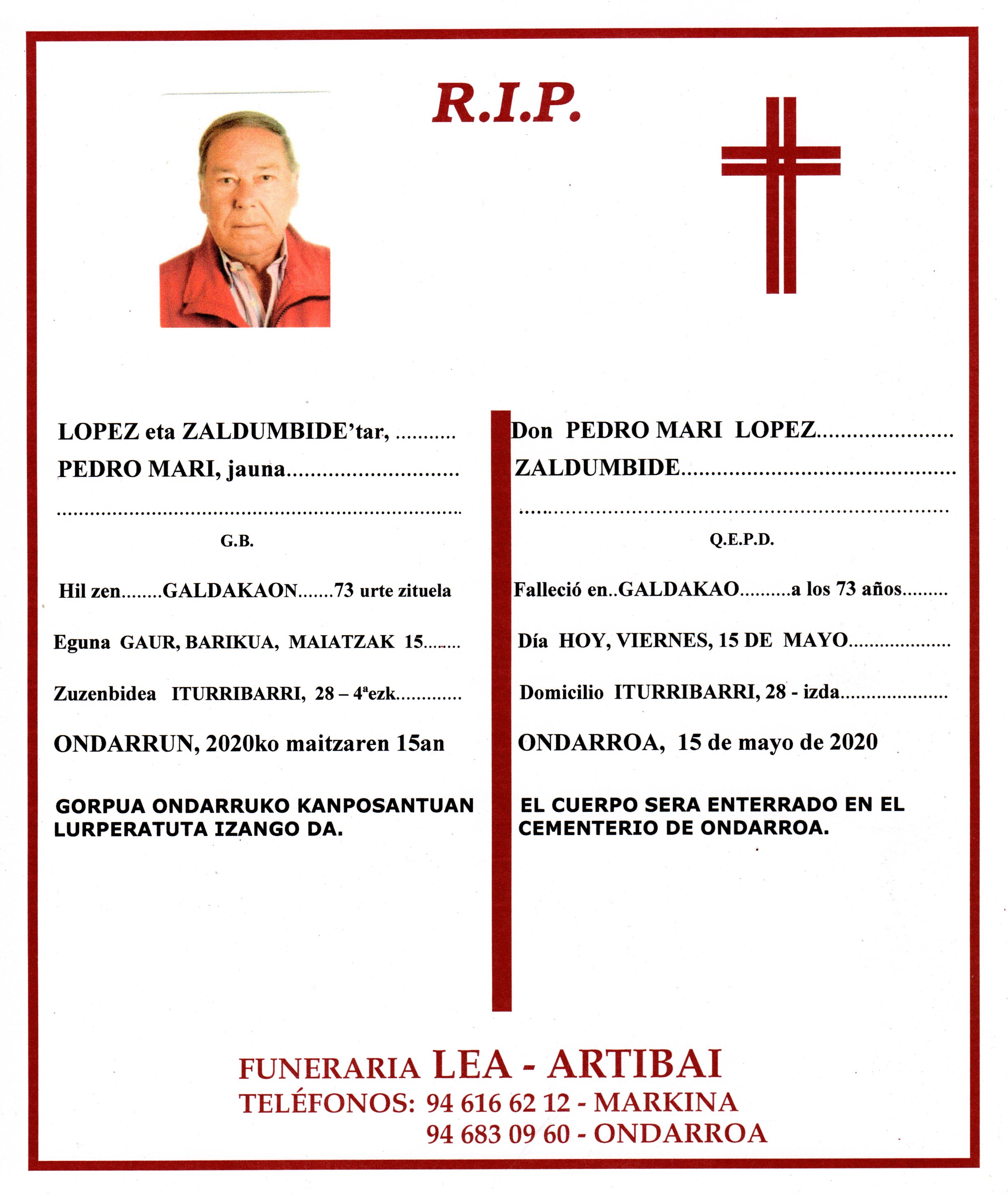 Esquela de Pedro Mari Lopez Zaldumbide