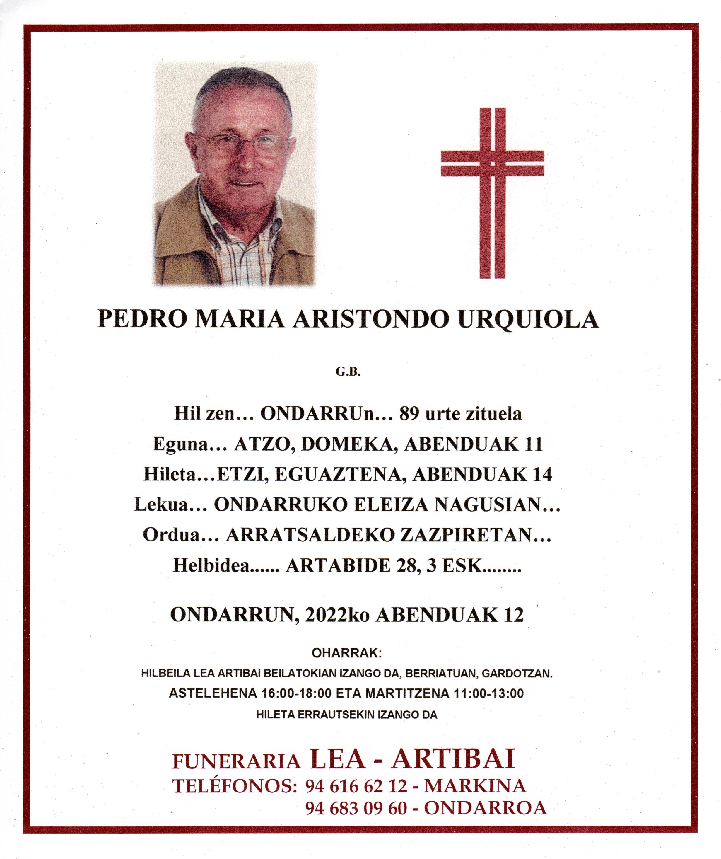Esquela de Pedro Maria Aristondo Urkiola