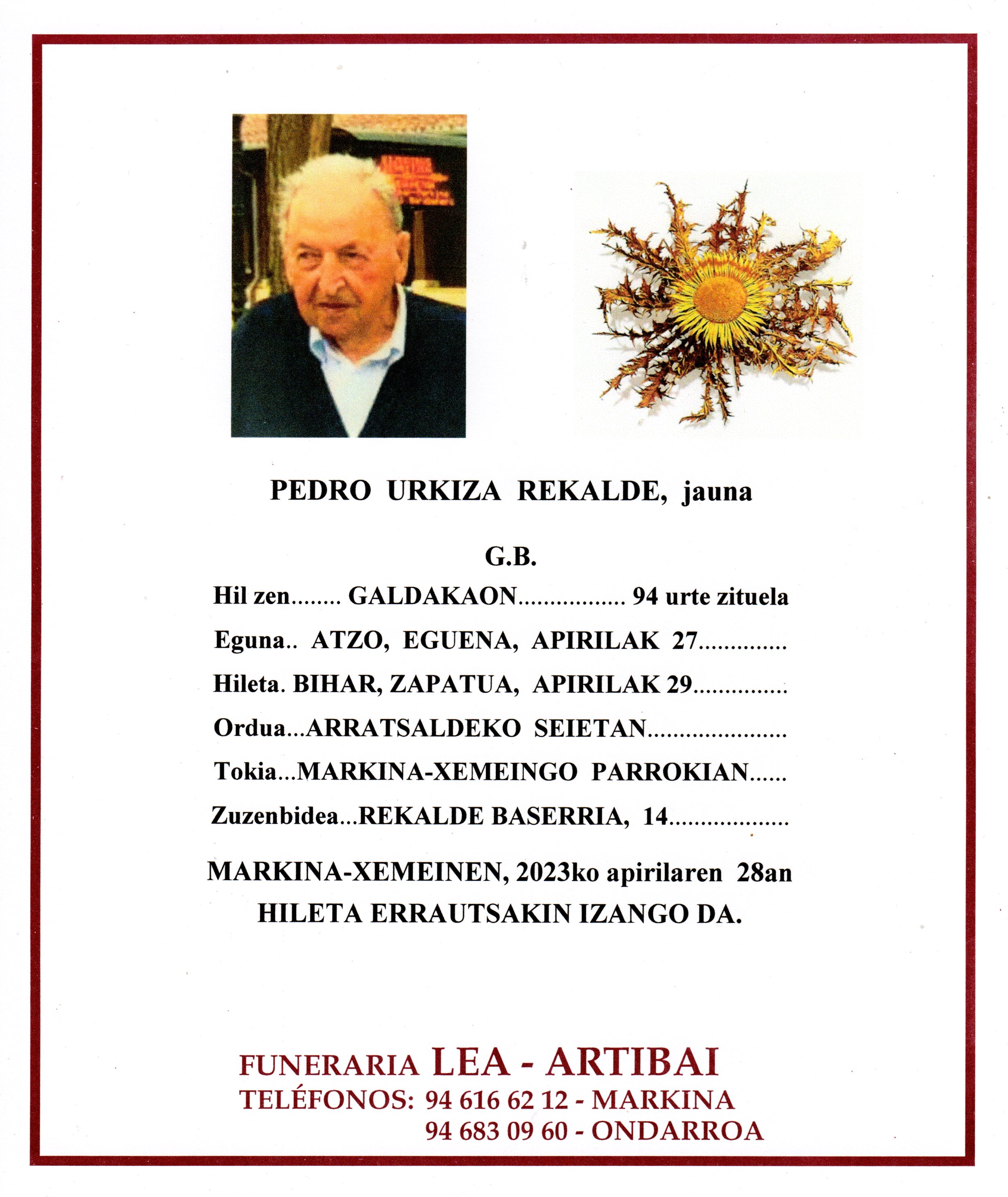 Esquela de Pedro Urkiza Rekalde