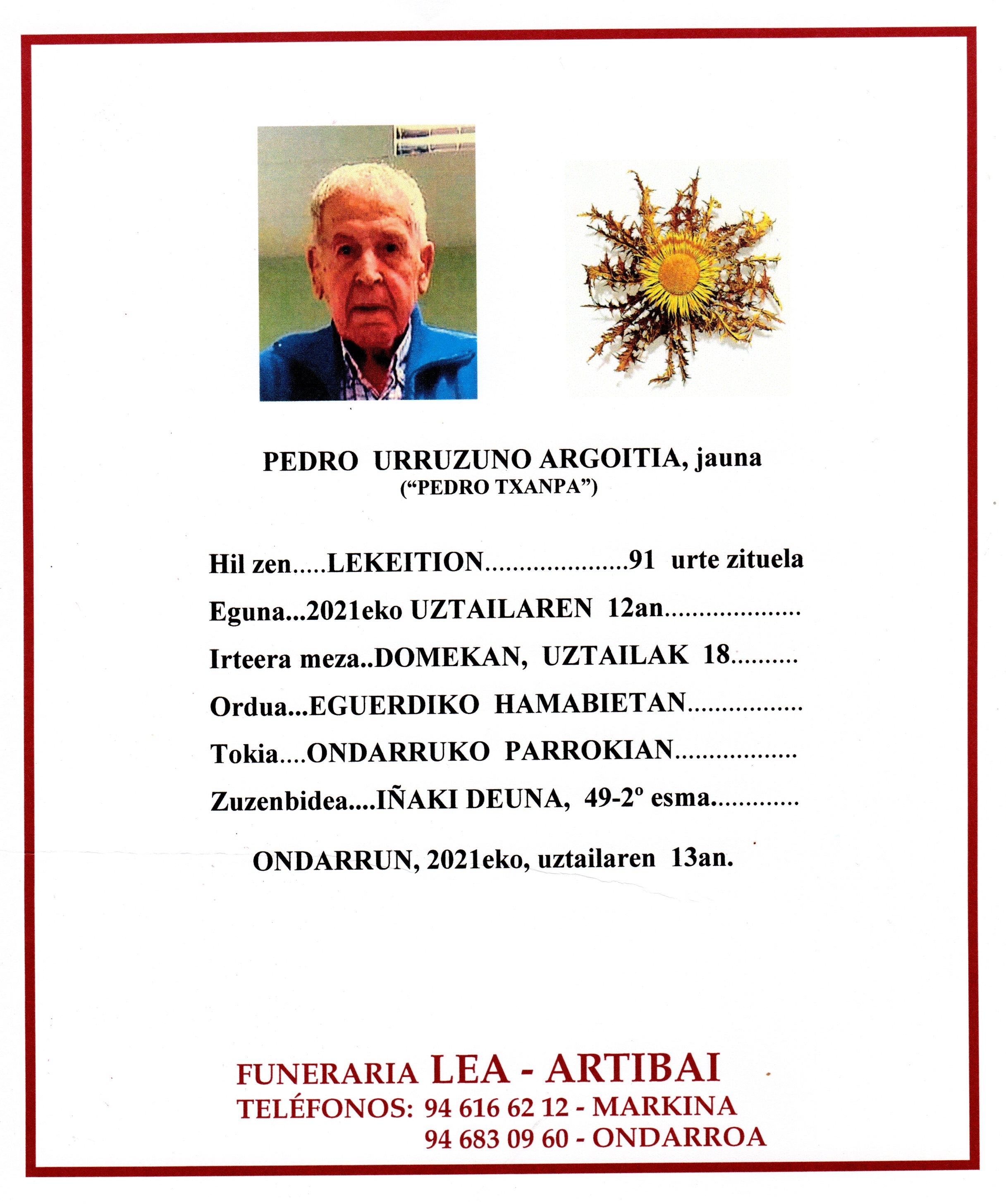 Esquela de Pedro Urruzuno Argoitia