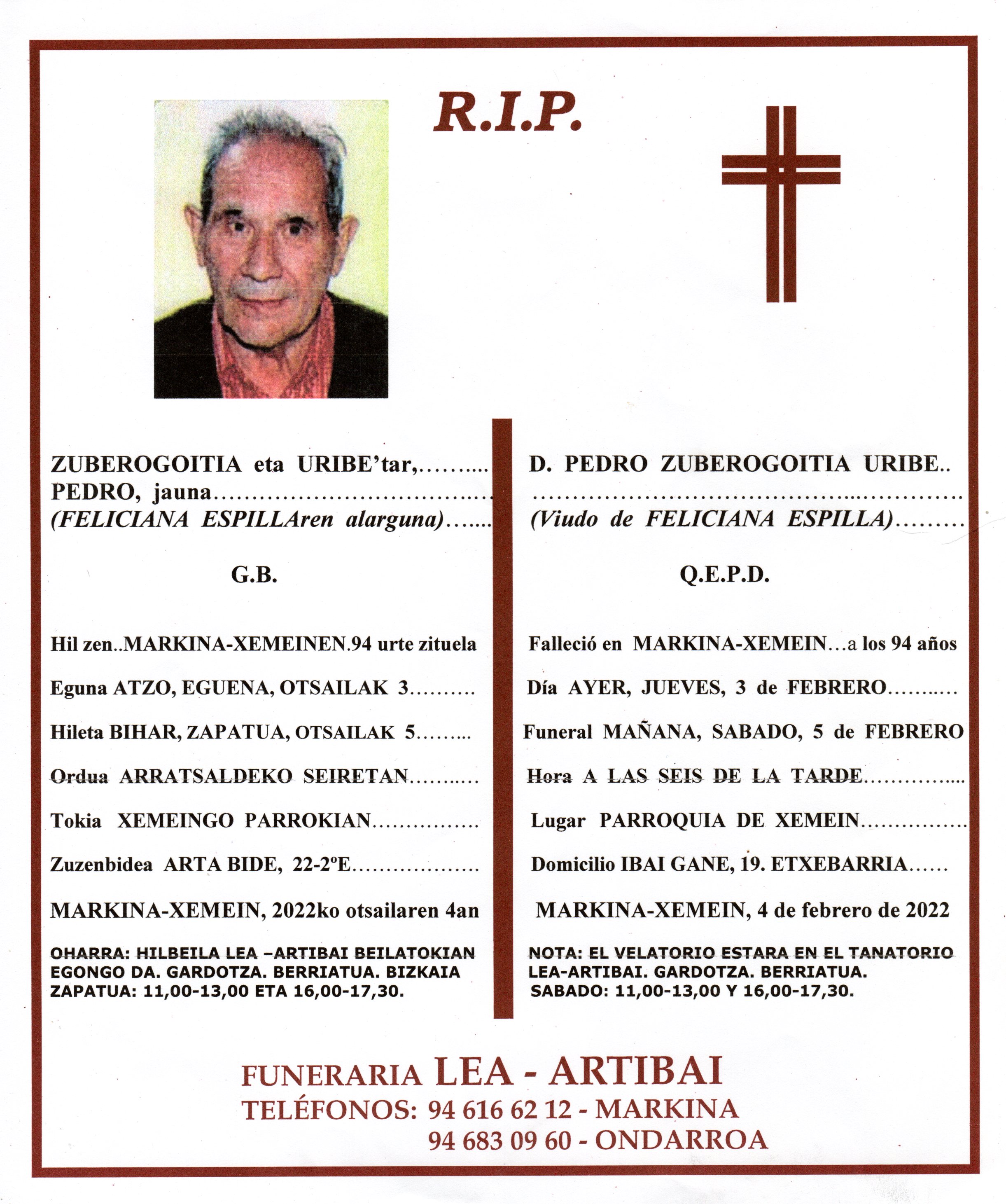 Esquela de Pedro Zuberogoitia Uribe