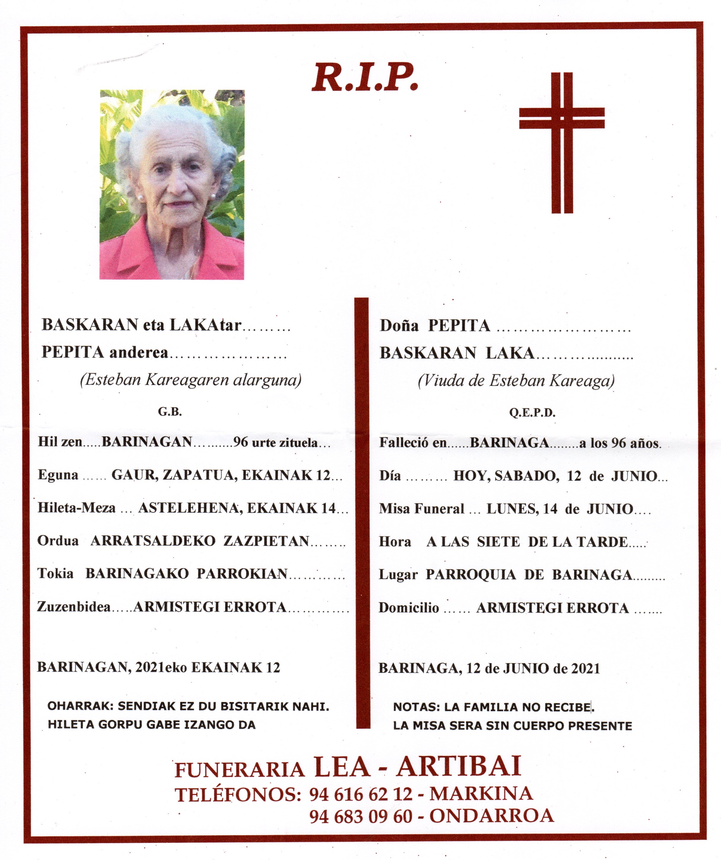 Esquela de Pepita Baskaran Laka