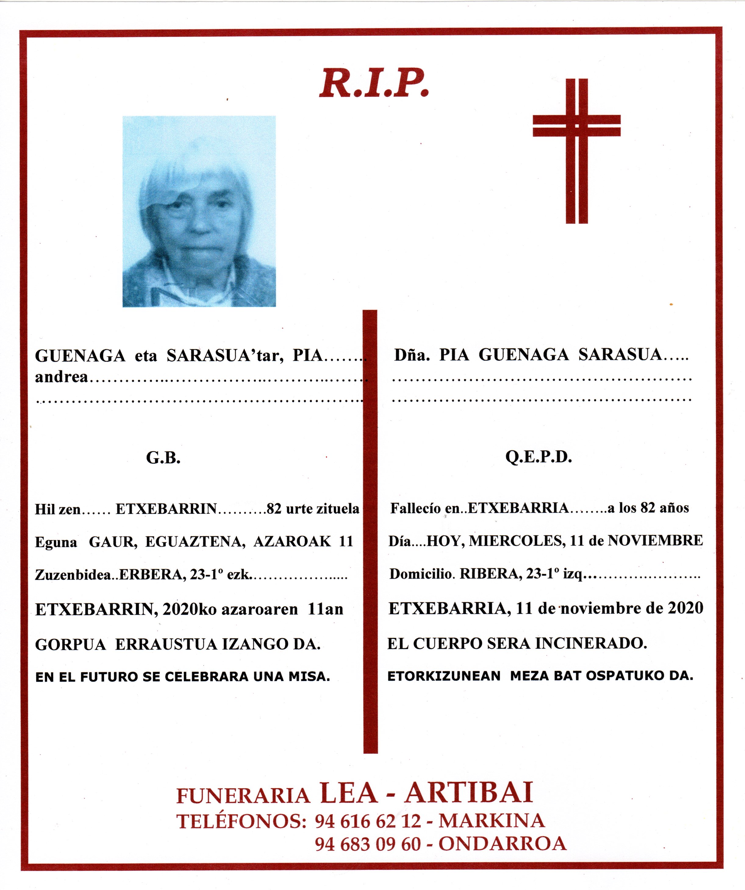 Esquela de Pia Guenaga Sarasua