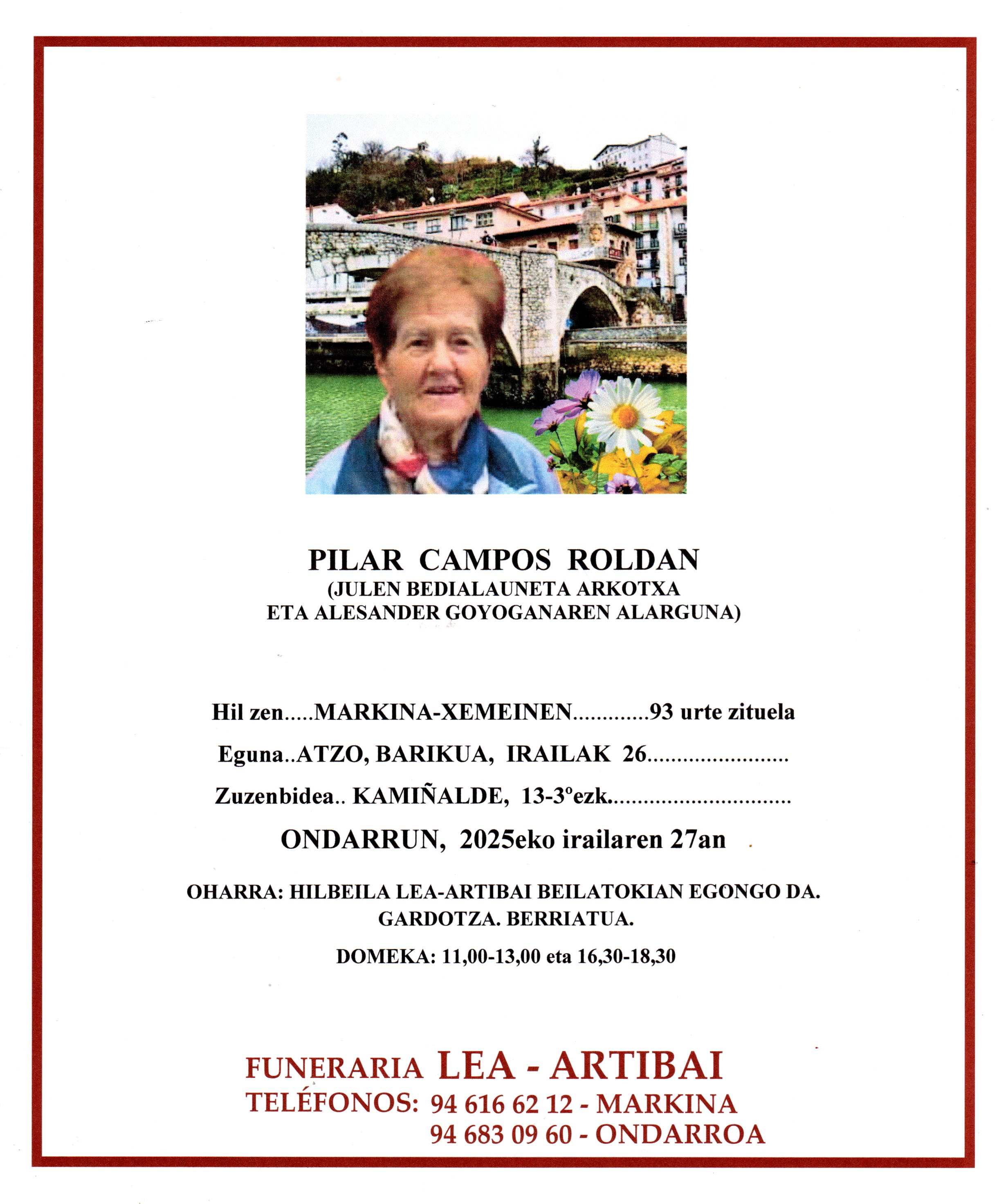Esquela de Pilar Campos Roldan