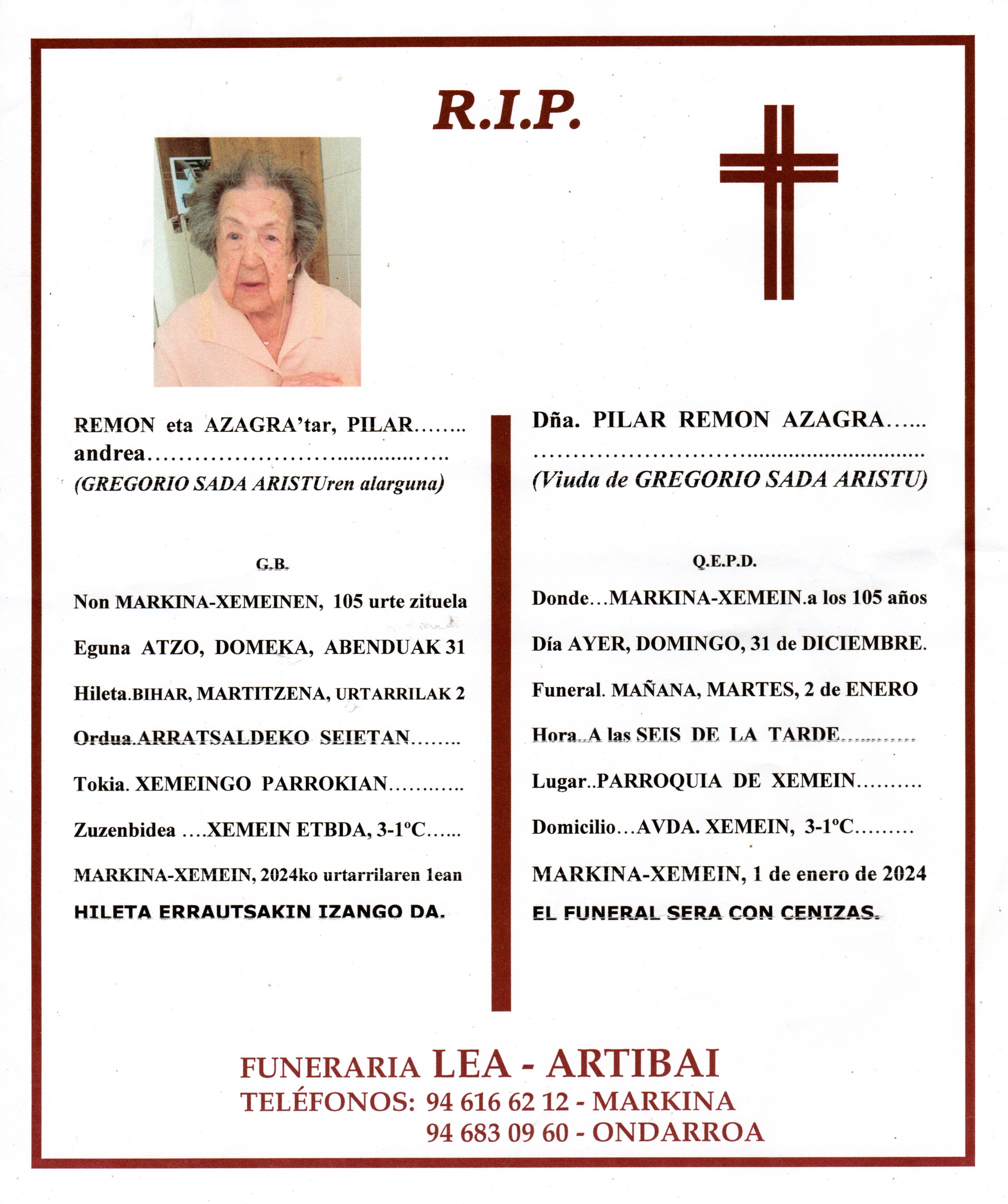 Esquela de Pilar Remon Azagra