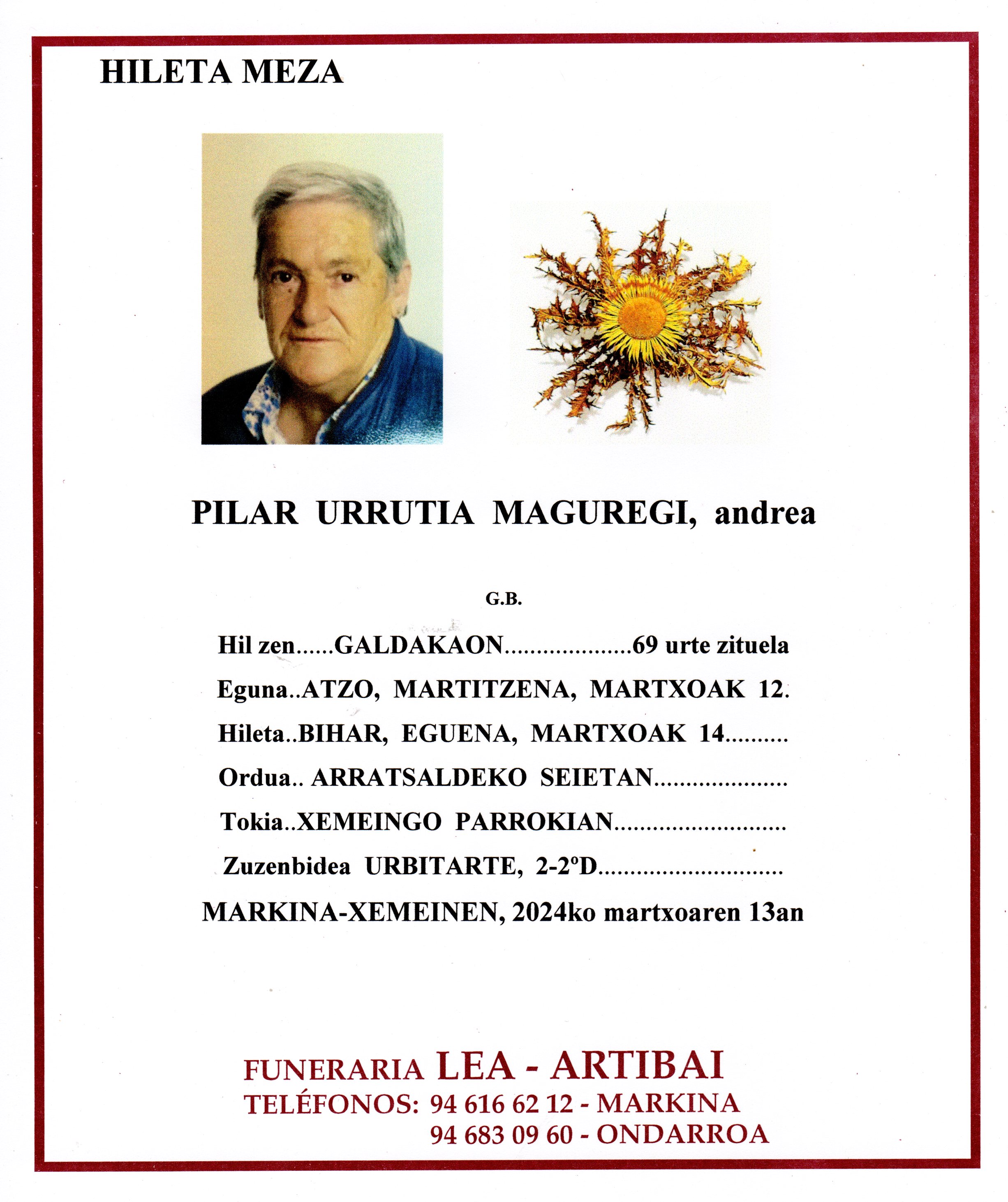 Esquela de Pilar Urrutia Maguregi