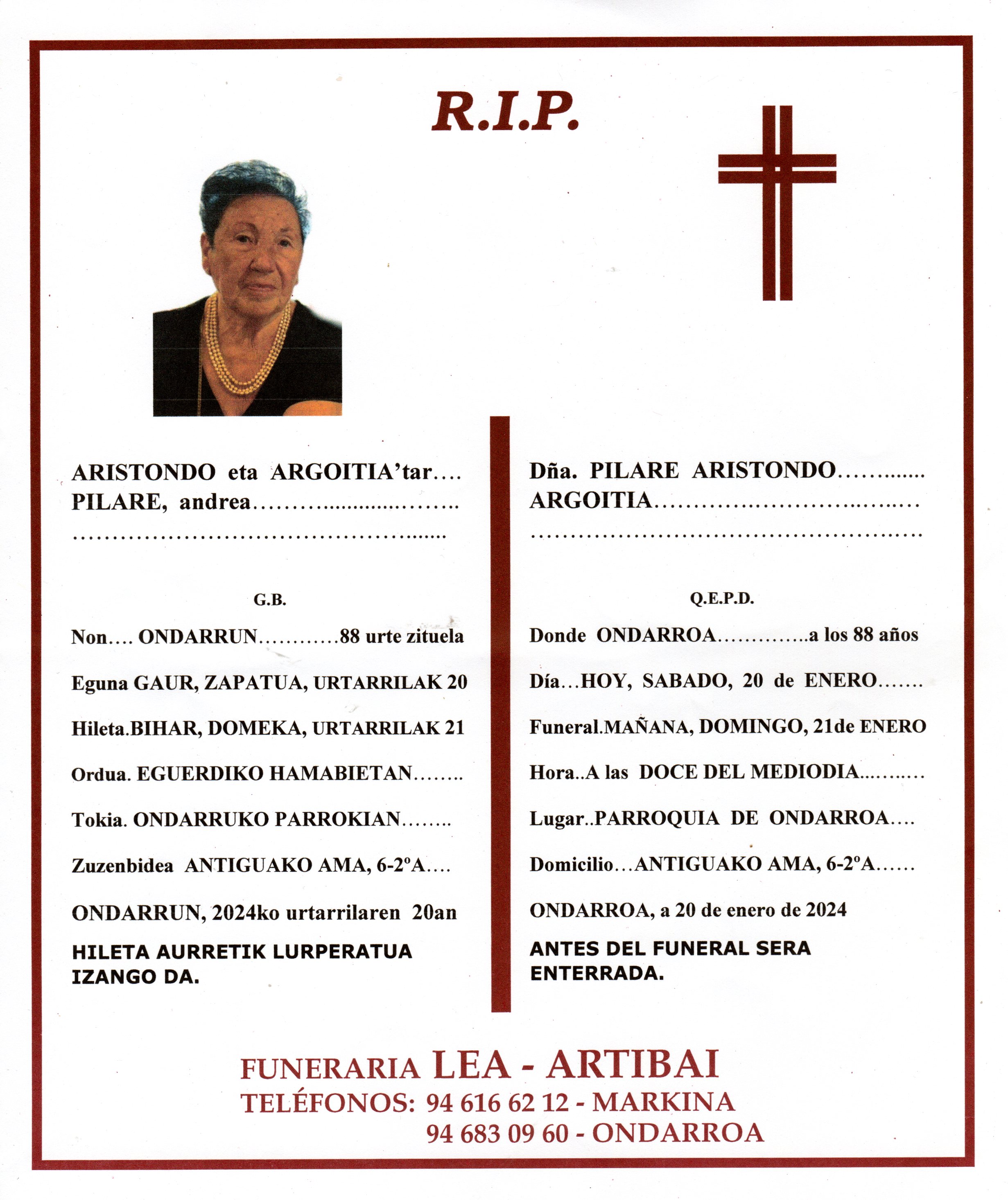 Esquela de Pilare Aristondo Argoitia