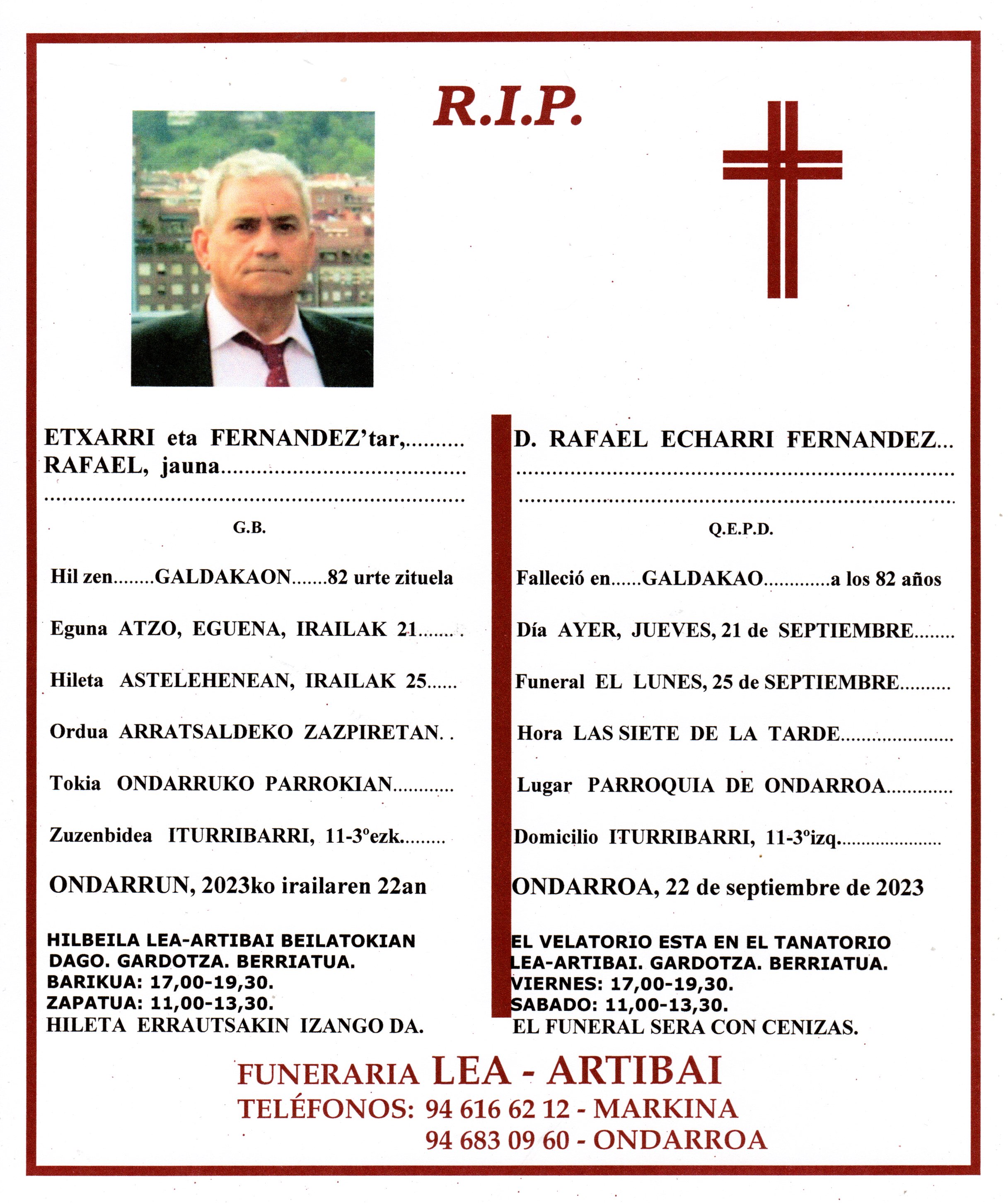 Esquela de Rafael Echarri Fernandez