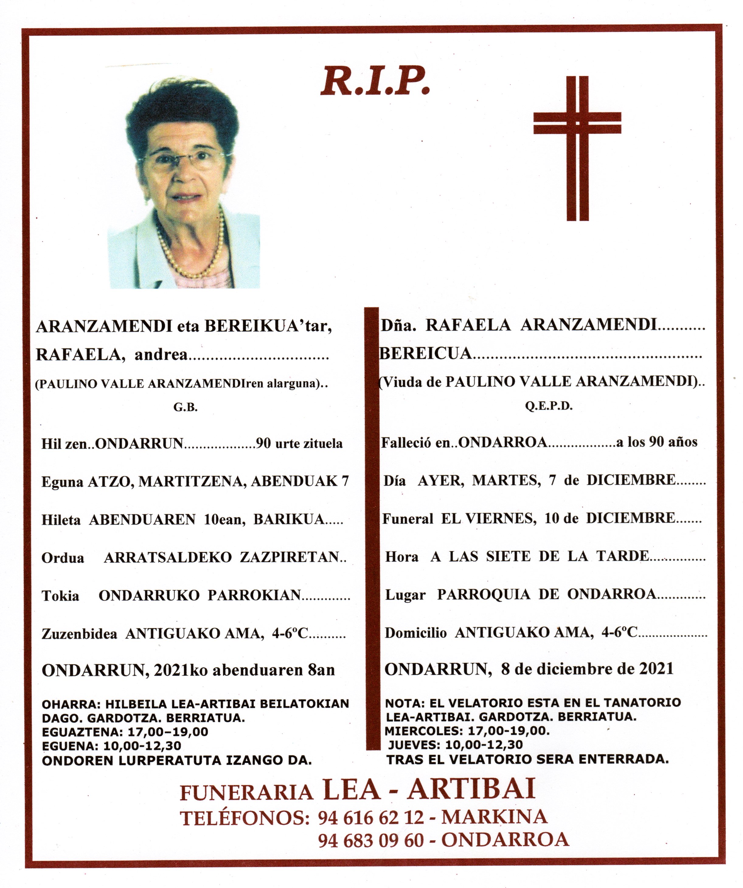 Esquela de Rafaela Aranzamendi Bereicua