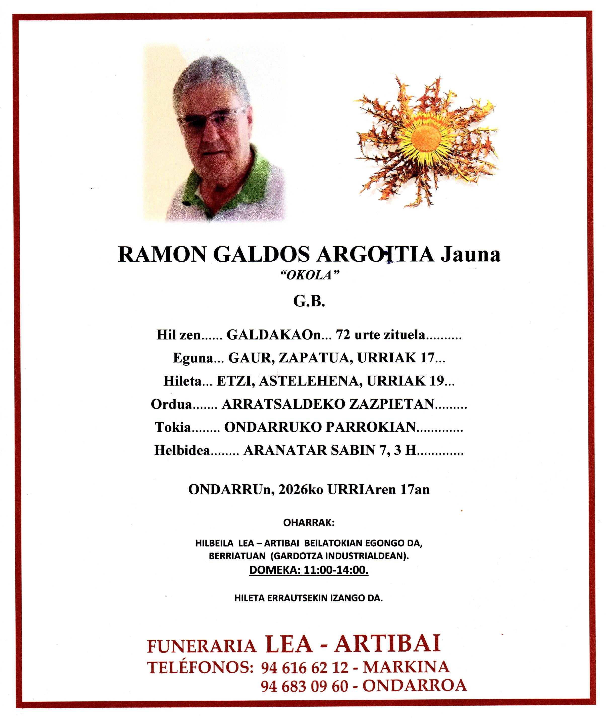 Esquela de Ramon Galdos Argoitia