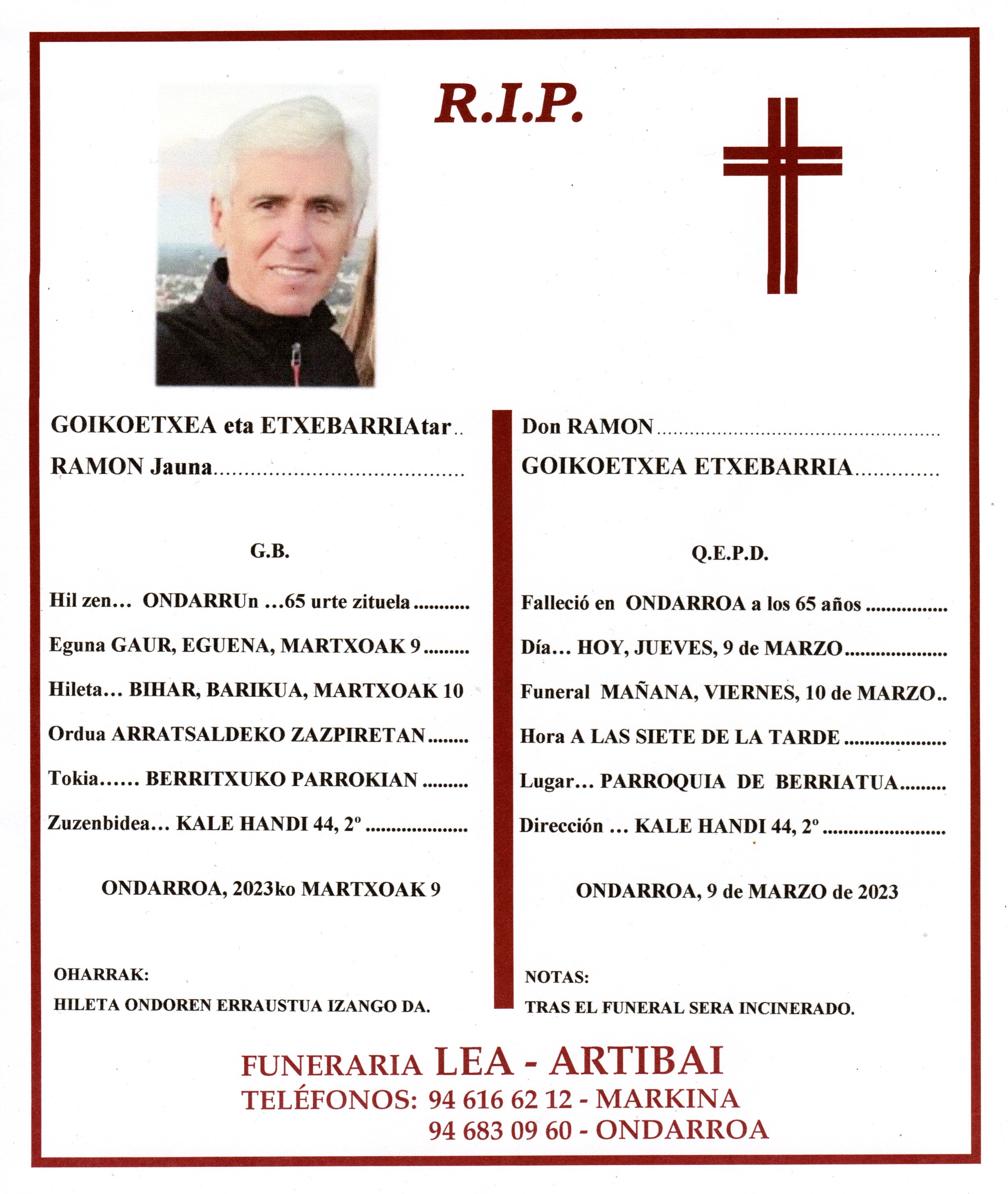 Esquela de Ramon Goikoetxea Etxebarria