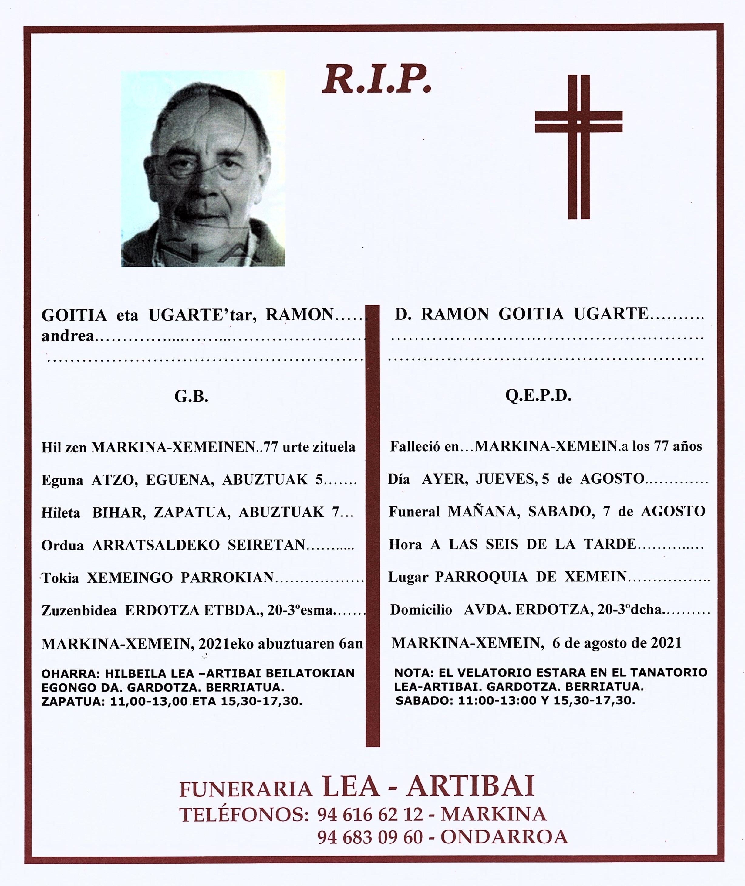 Esquela de Ramon Goitia Ugarte