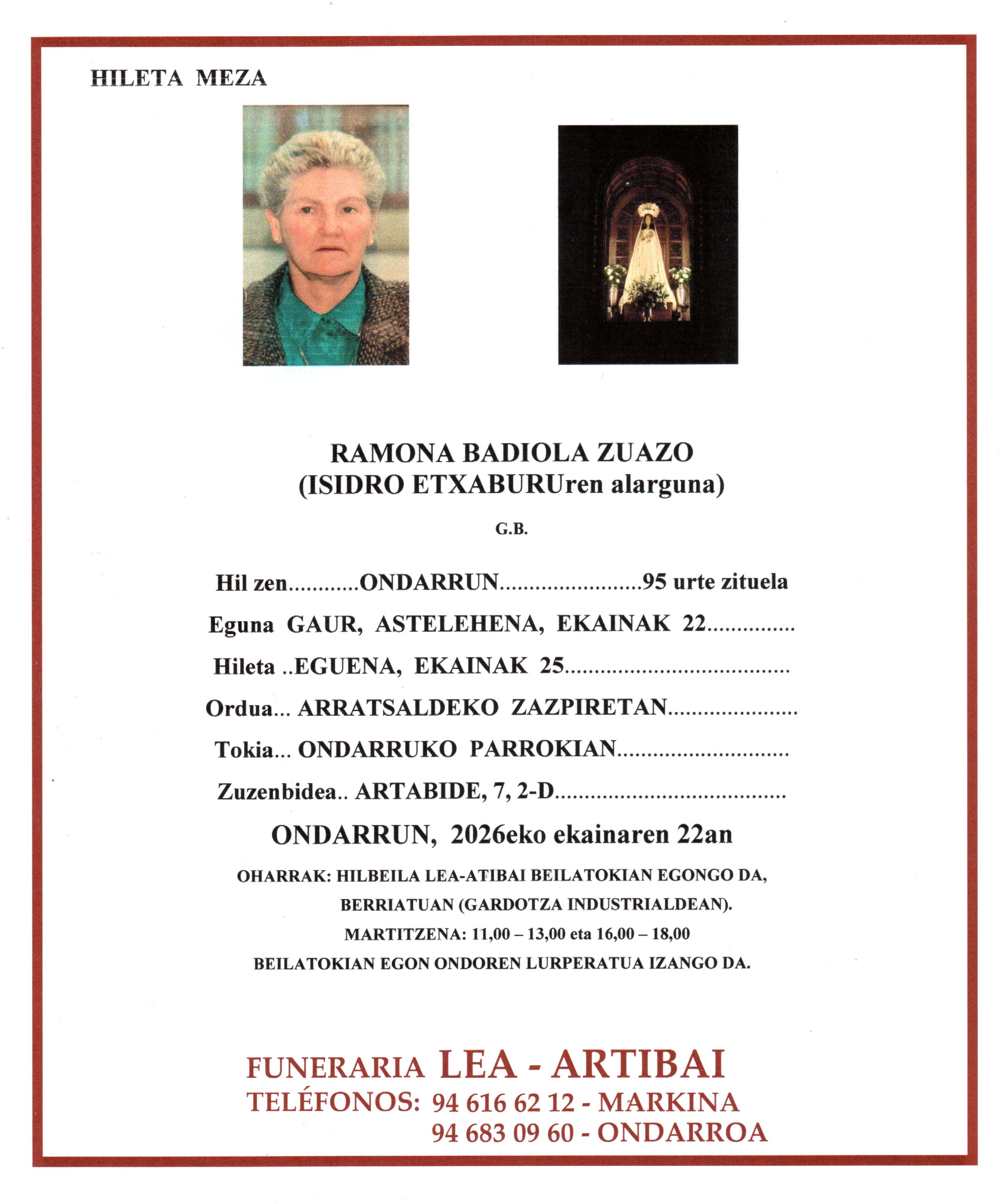 Esquela de Ramona Badiola Zuazo