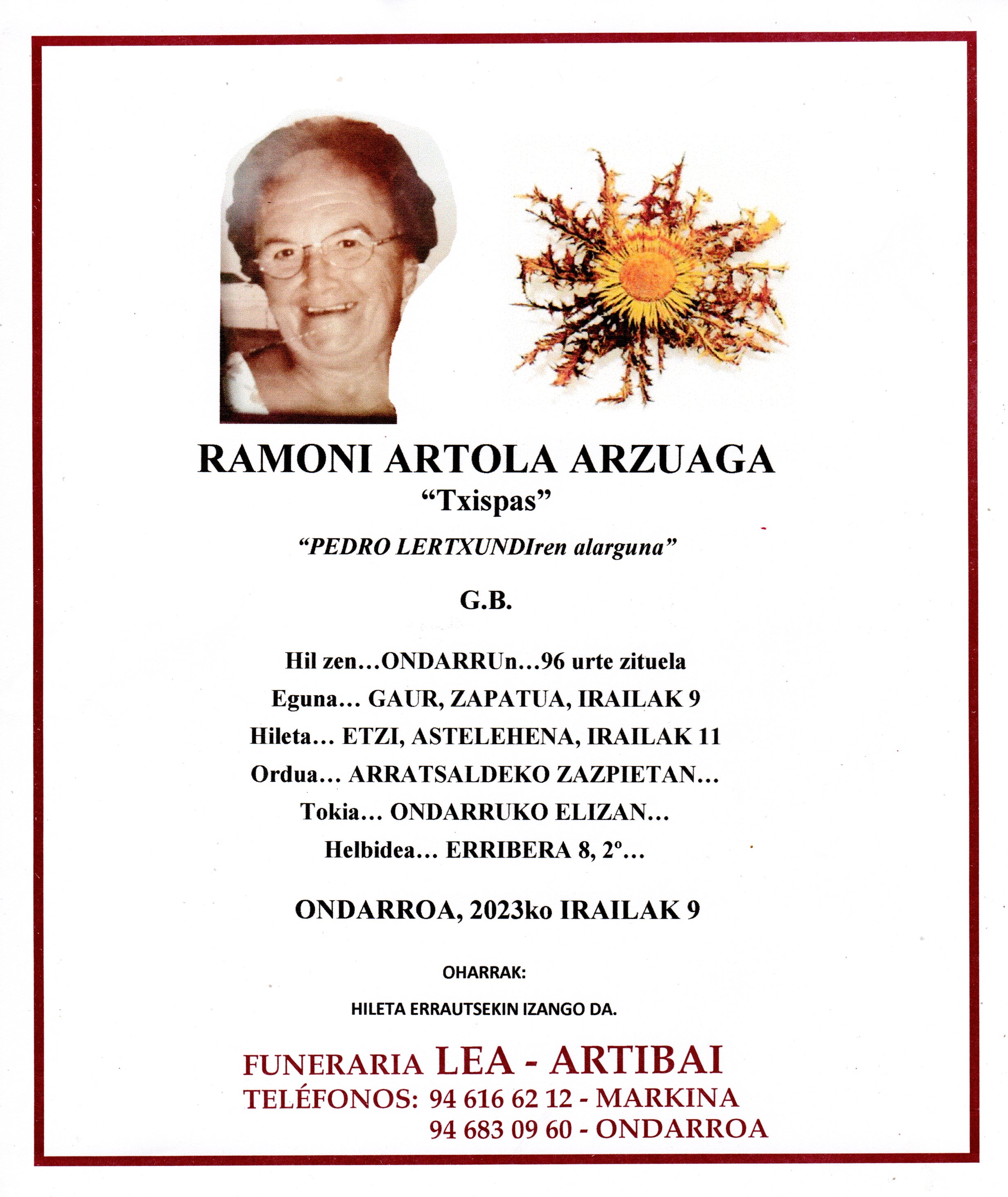 Esquela de Ramoni Artola Arzuaga
