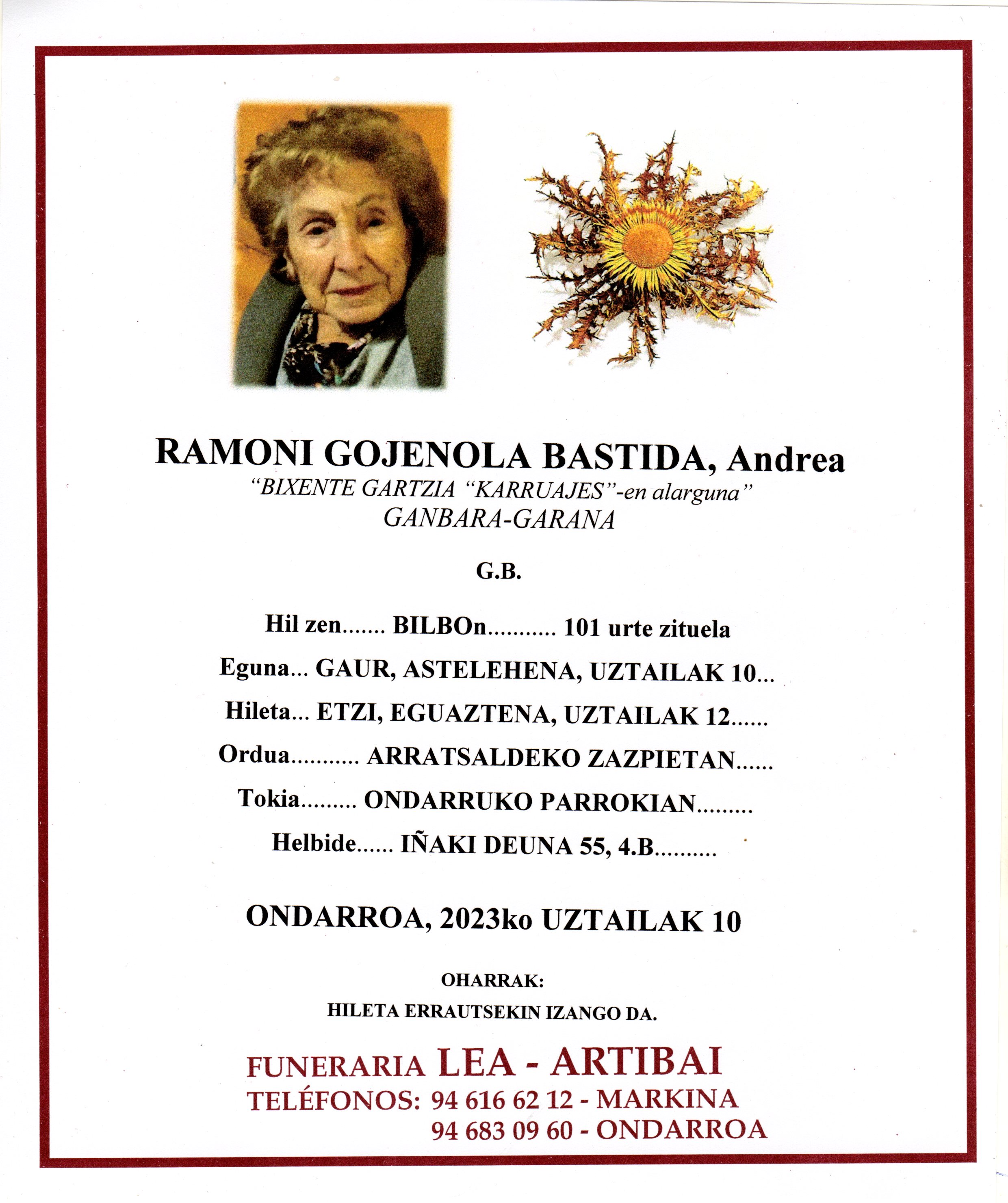 Esquela de Ramoni Gojenola Bastida