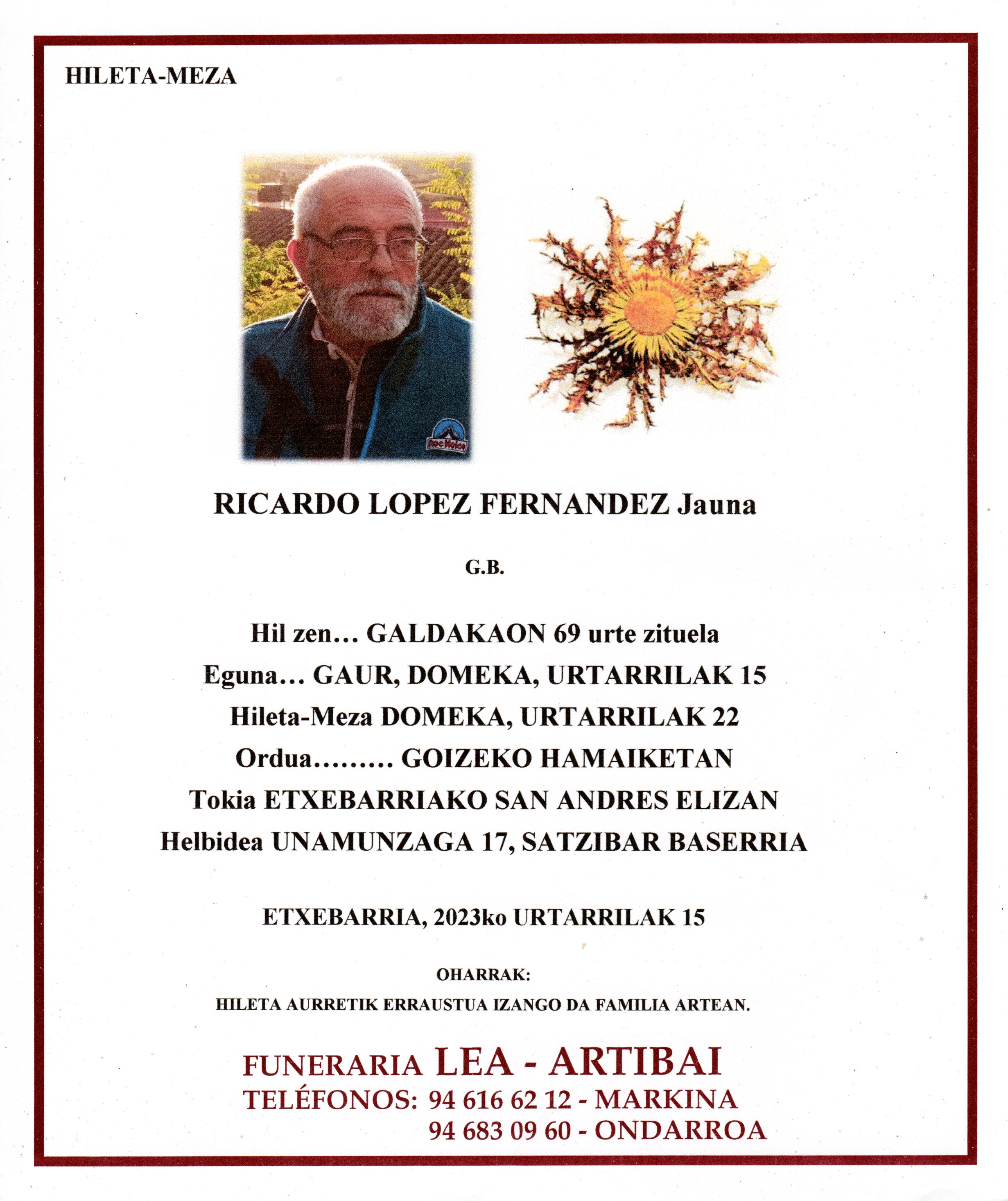 Esquela de Ricardo Lopez Fernandez