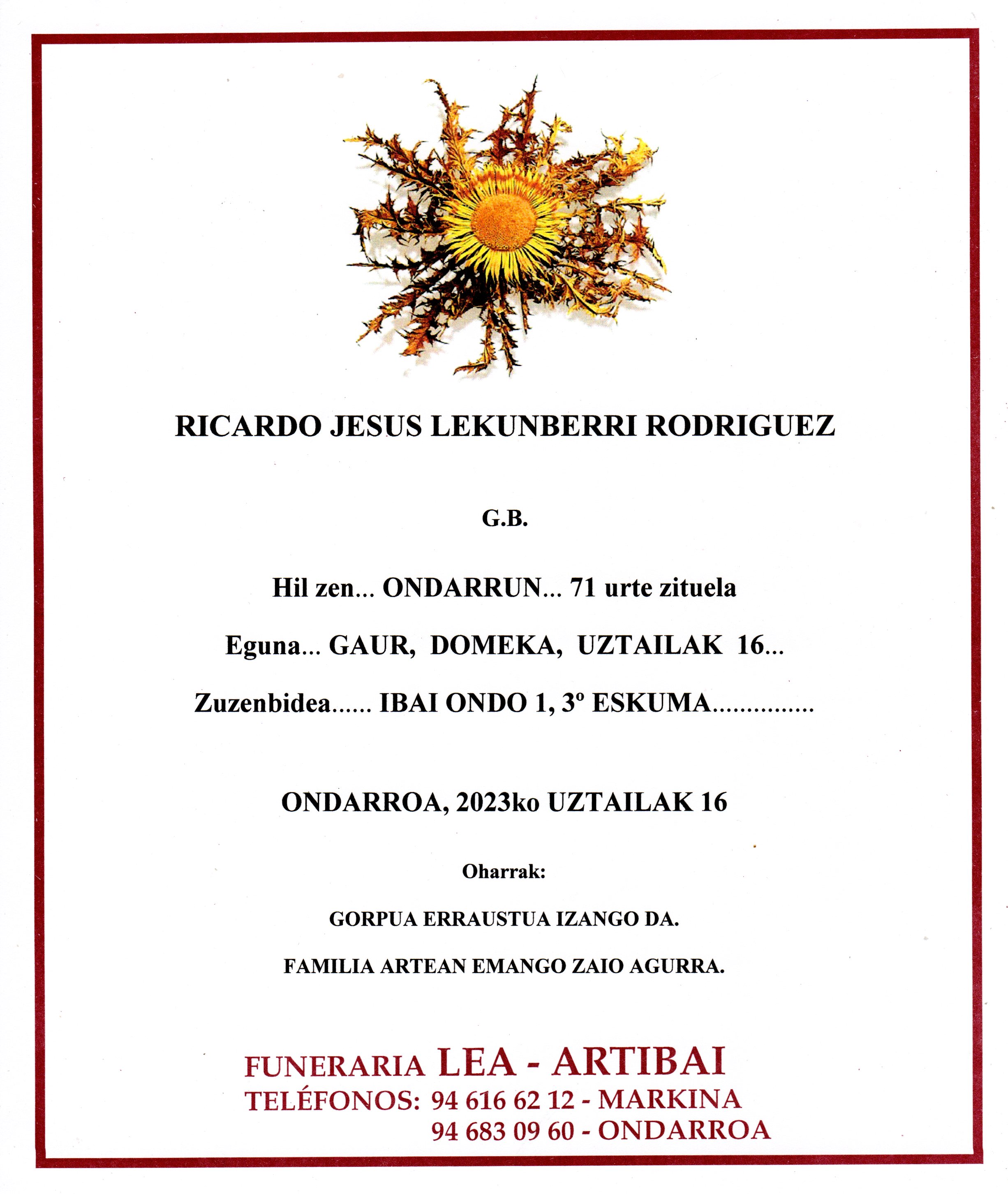 Esquela de Rikardo Jesus Lekunberri Rodriguez