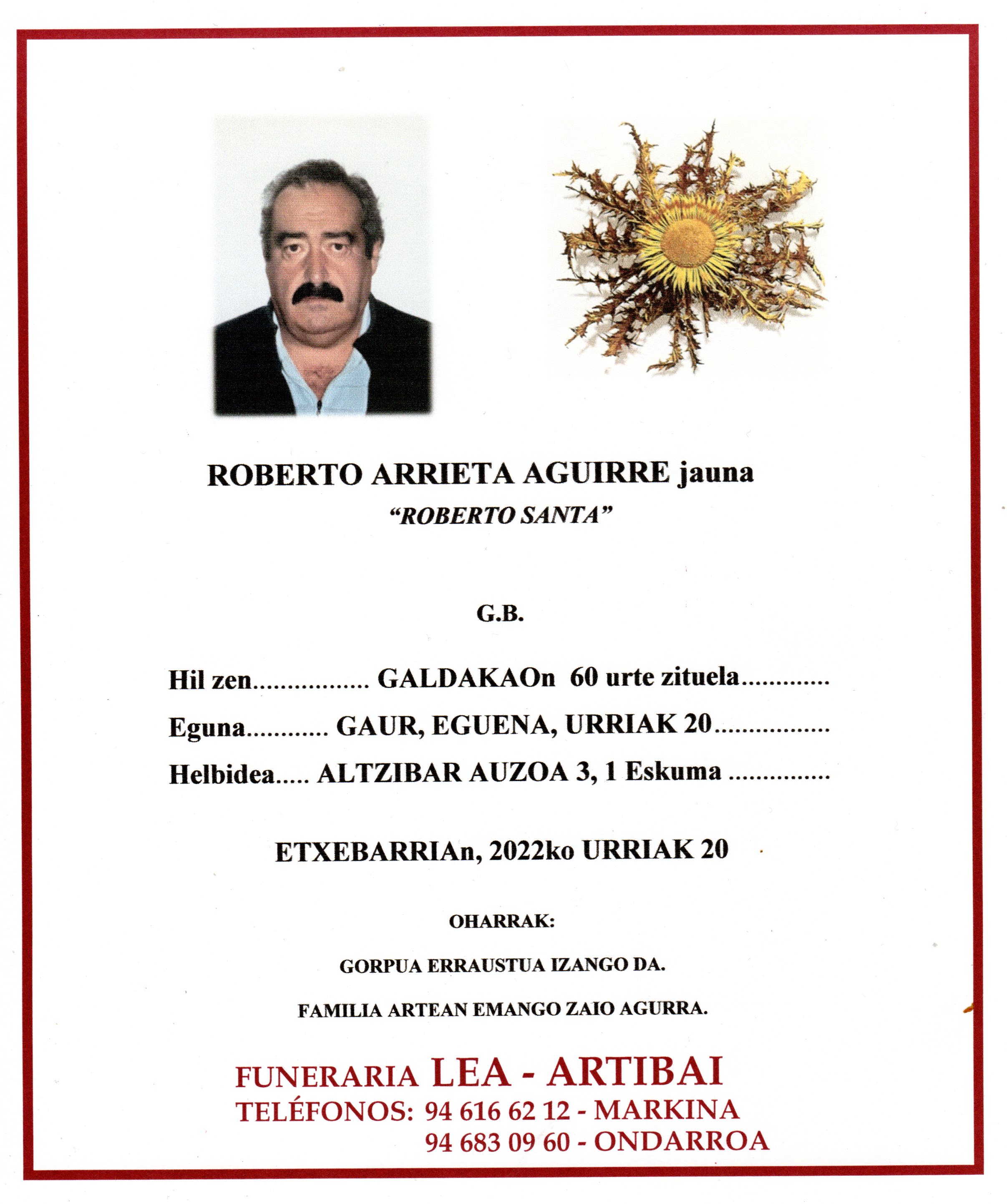 Esquela de Roberto Arrieta Agirre