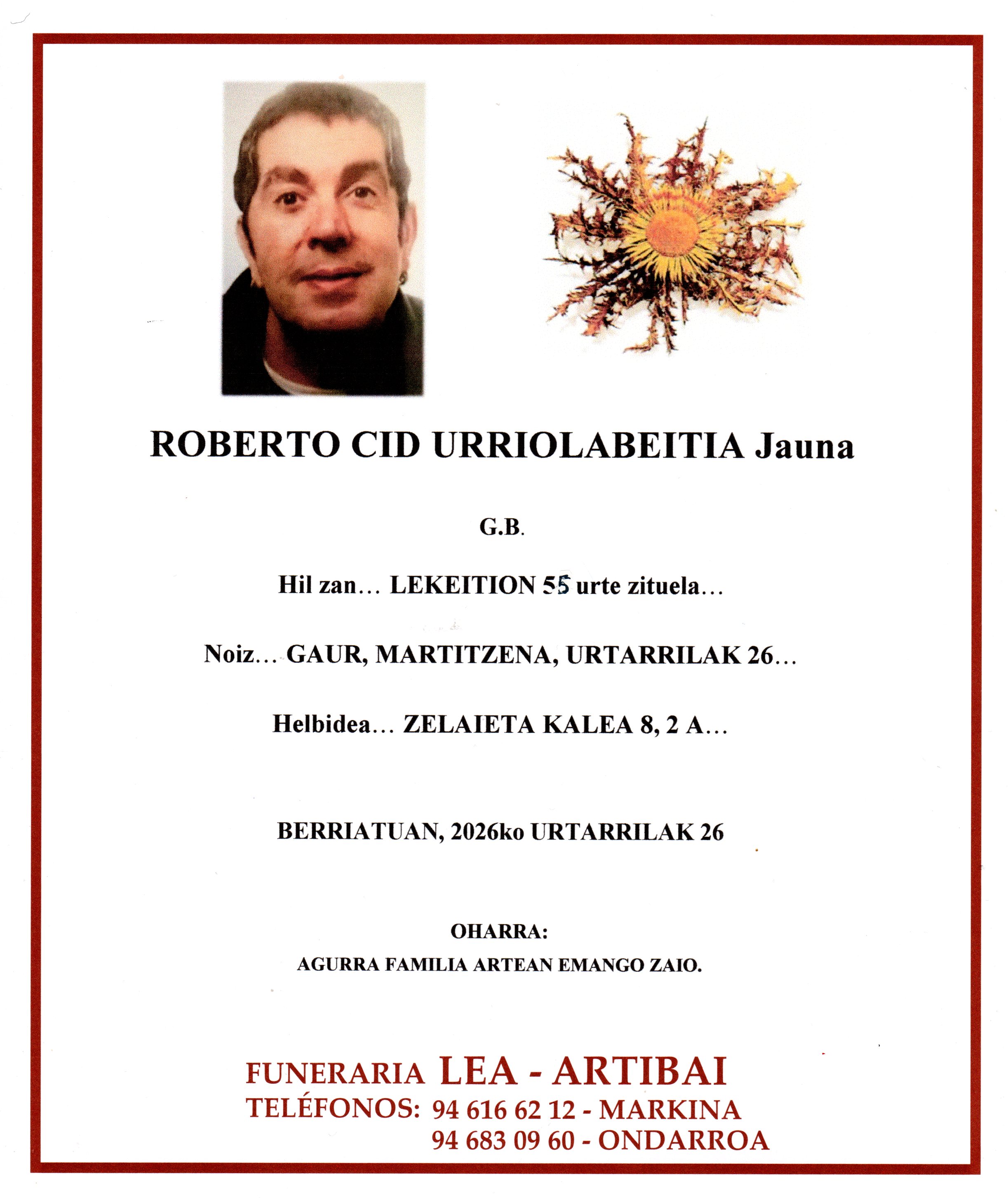 Esquela de Roberto Cid Urriolabeitia