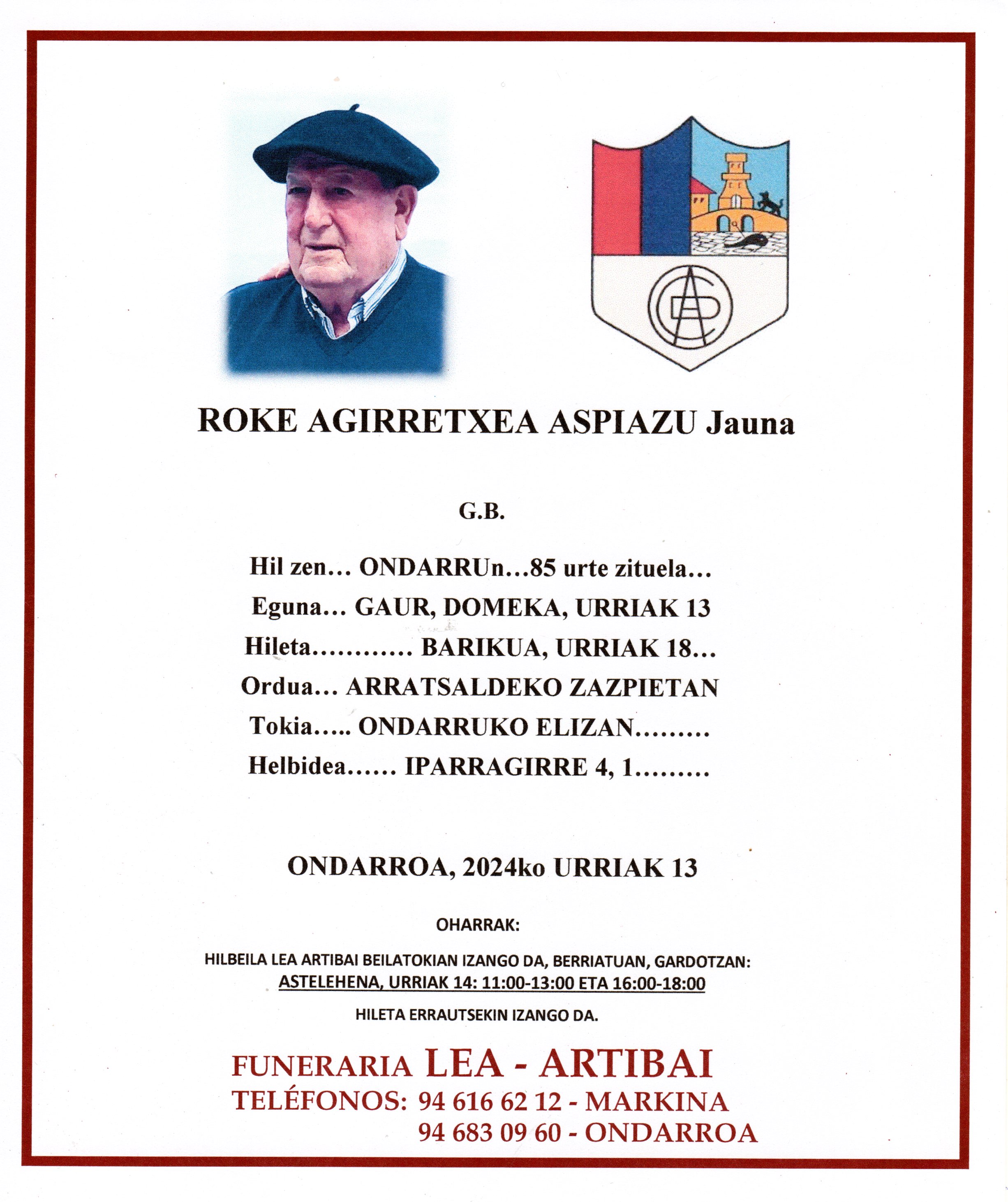Esquela de Roke Agirretxea Aspiazu