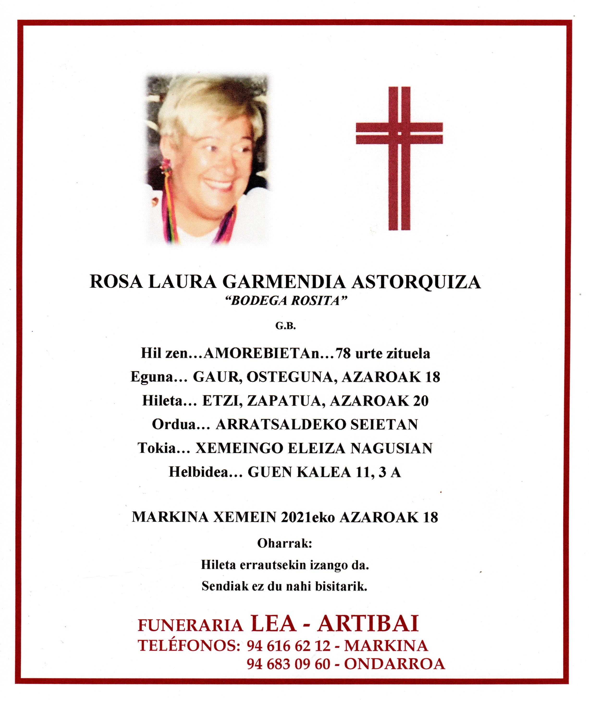Esquela de Rosa Laura Garmendia Astorquiza