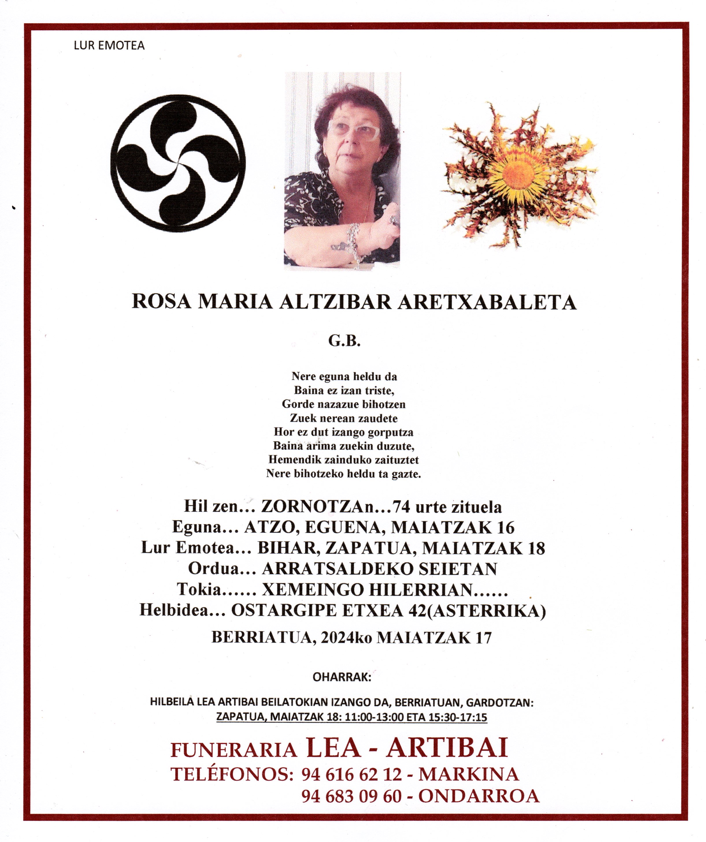 Esquela de Rosa Maria ALtzibar Aretxabaleta