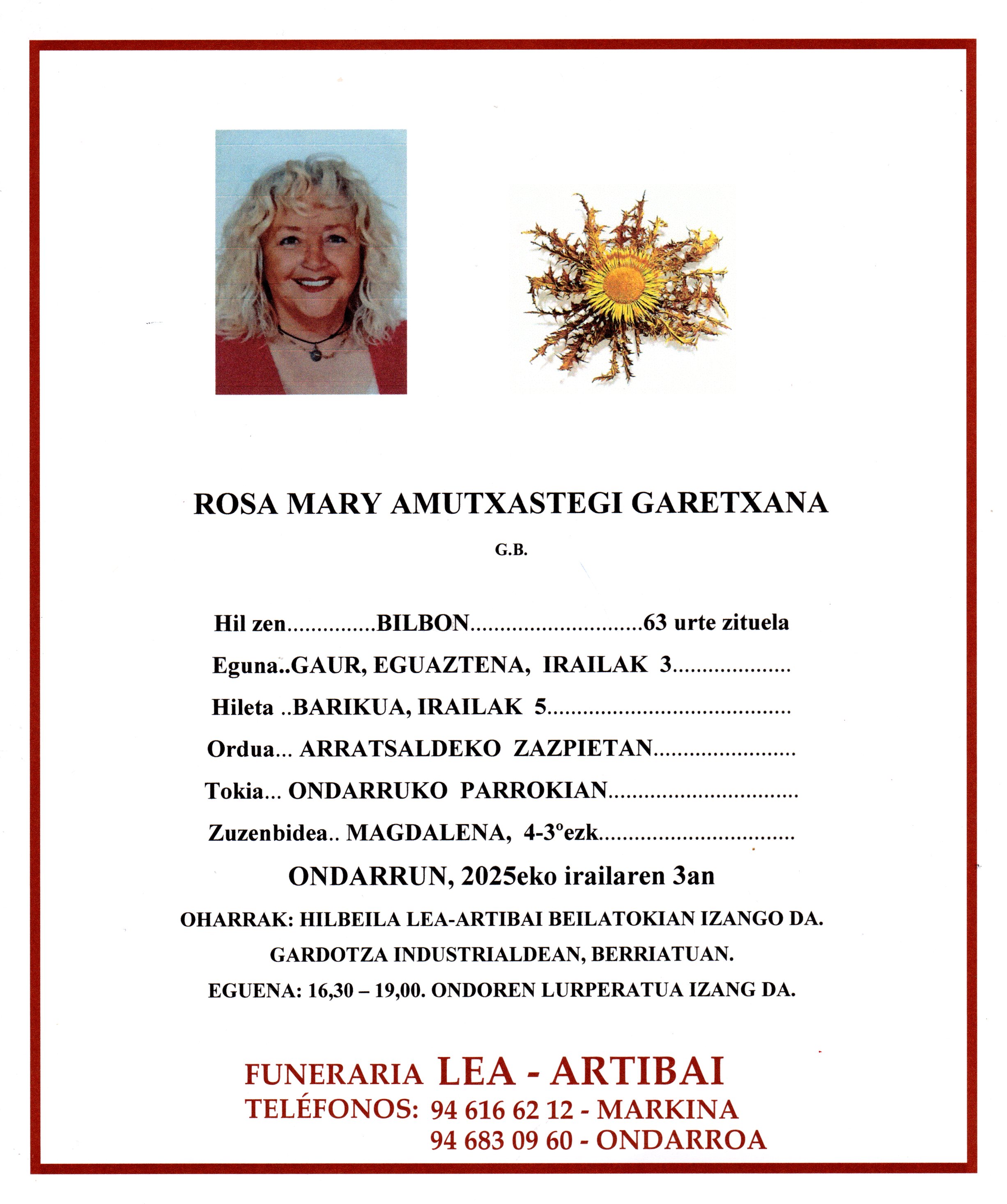 Esquela de Rosa Mary Amutxastegi Garetxana