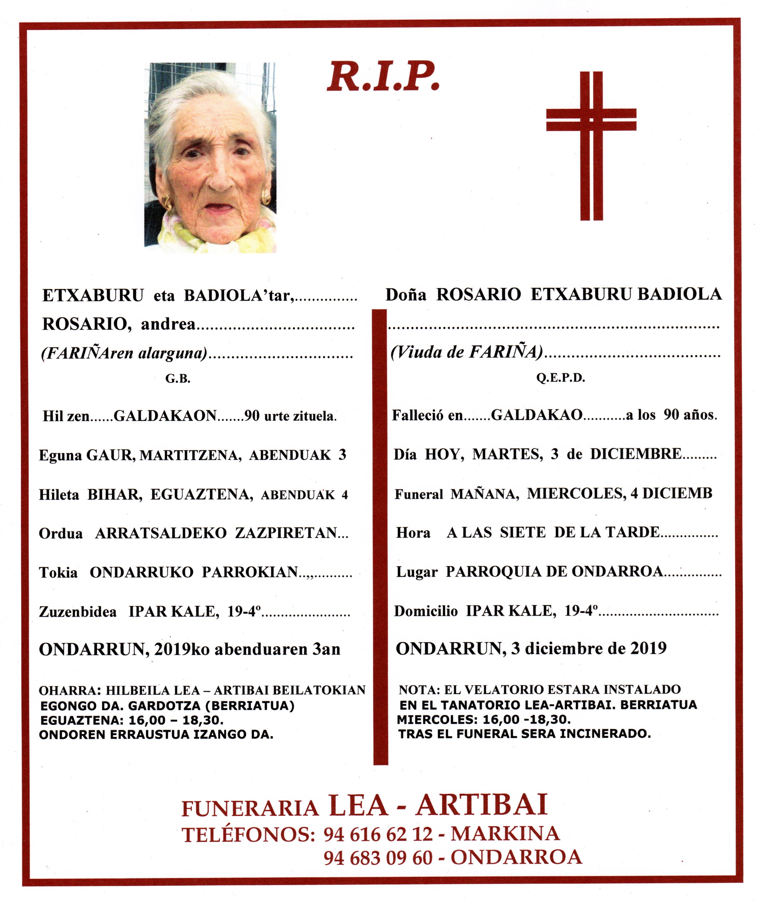 Esquela de Rosaro Etxaburu Badiola