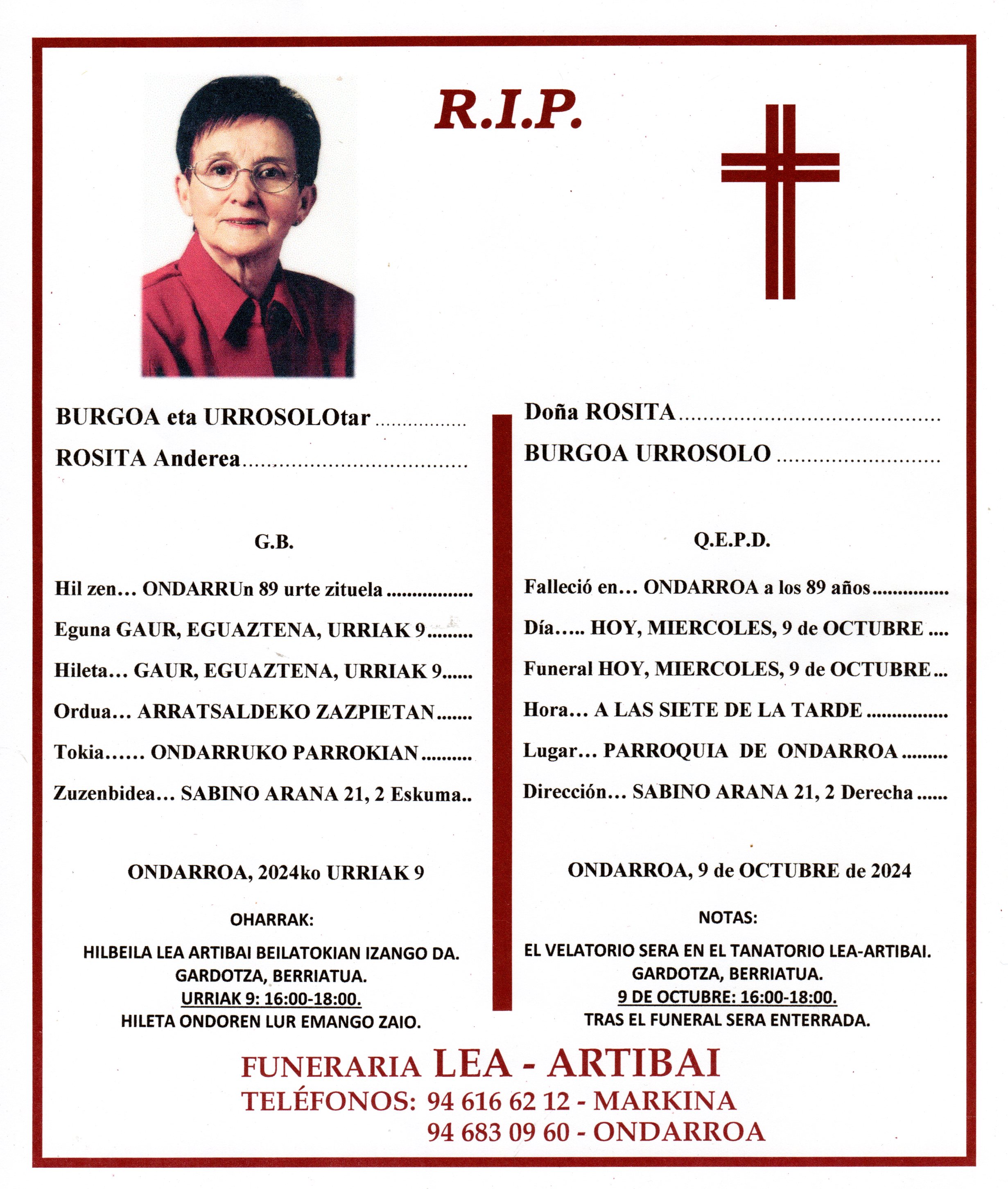 Esquela de Rosita Burgoa Urrosolo