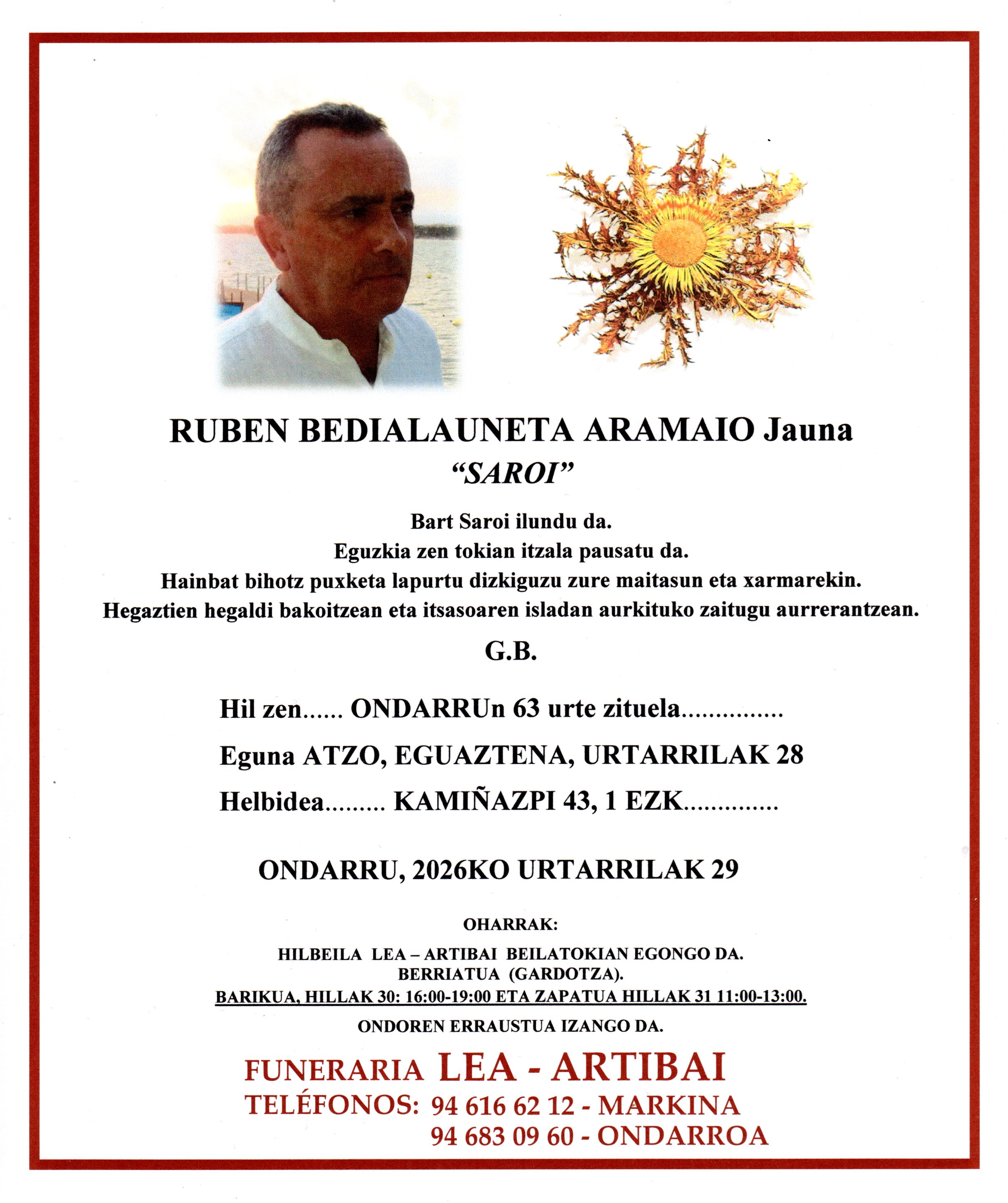 Esquela de Ruben Bedialauneta Aramaio