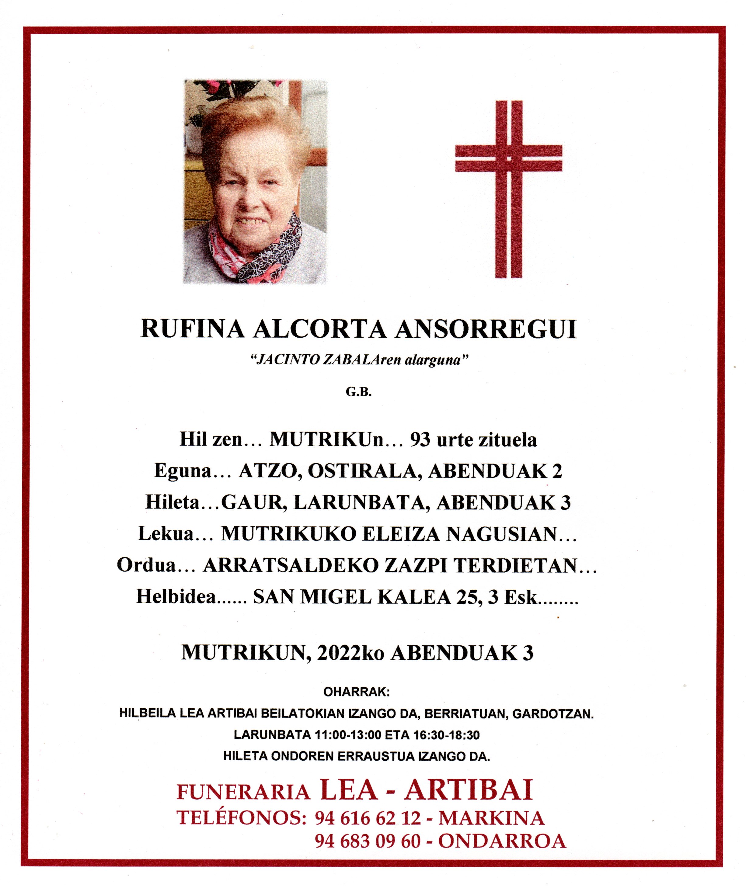 Esquela de Rufina Alcorta Ansorregui