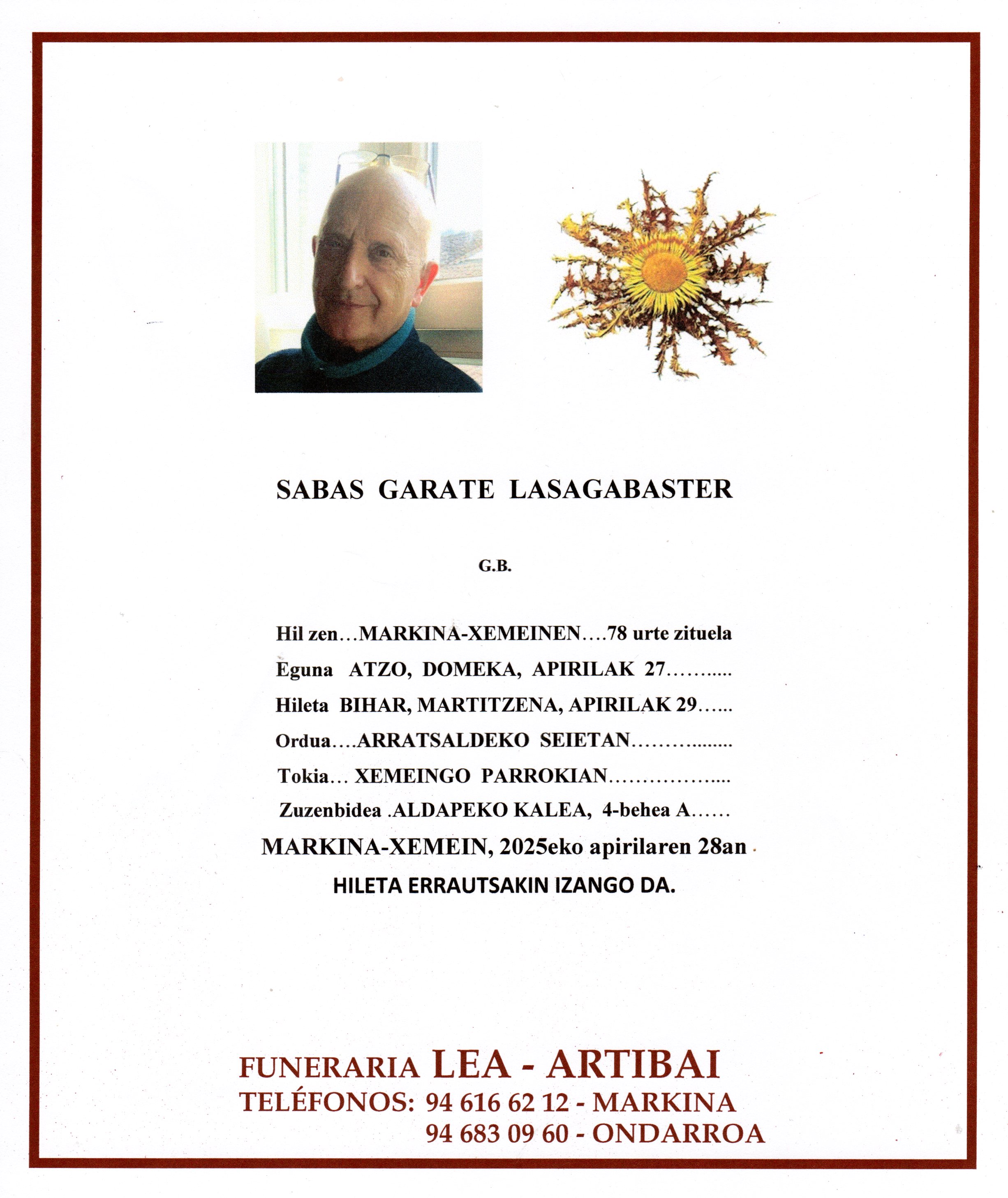 Esquela de Sabas Garate Lasagabaster