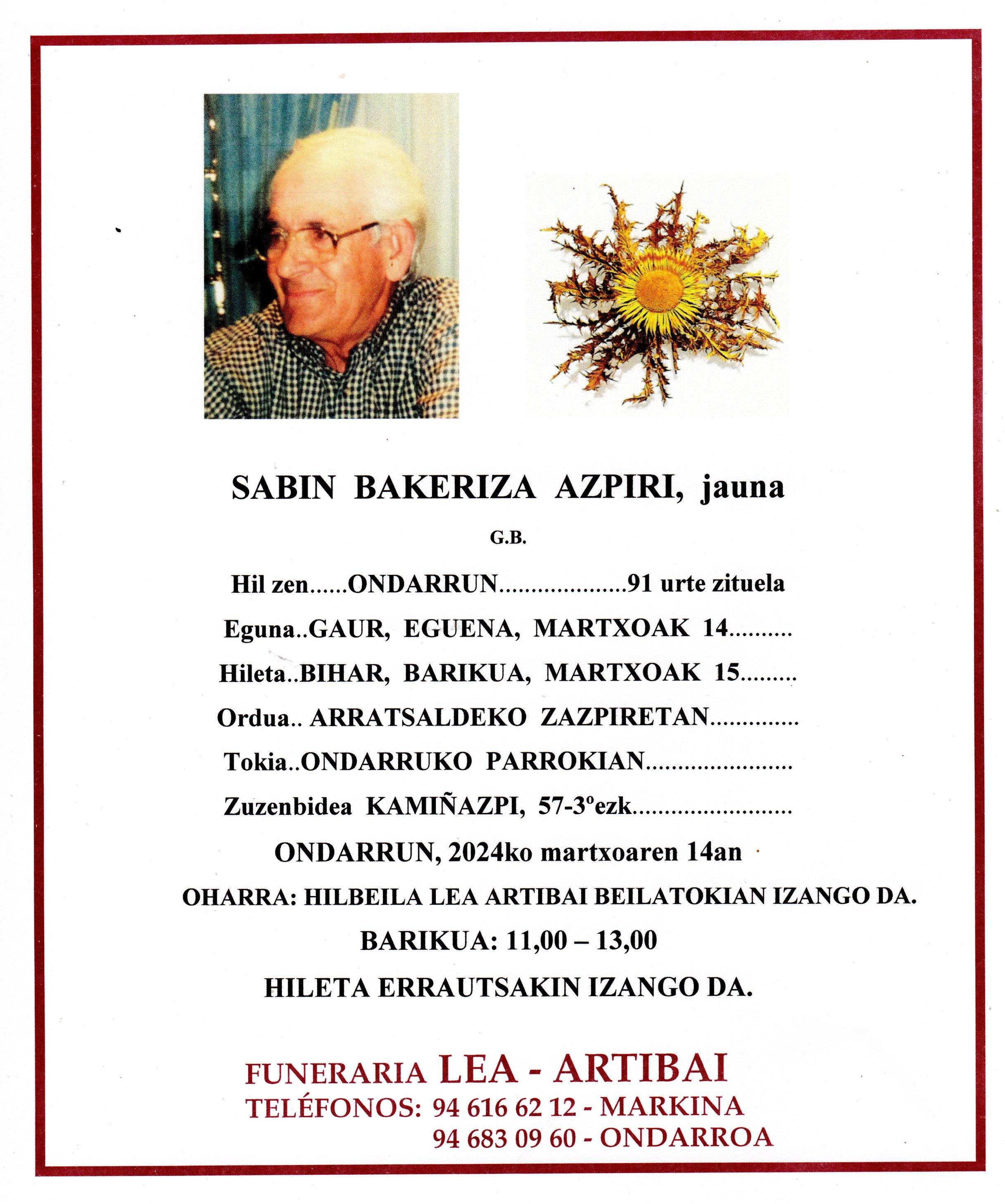 Esquela de Sabin Bakeriza Azpiri