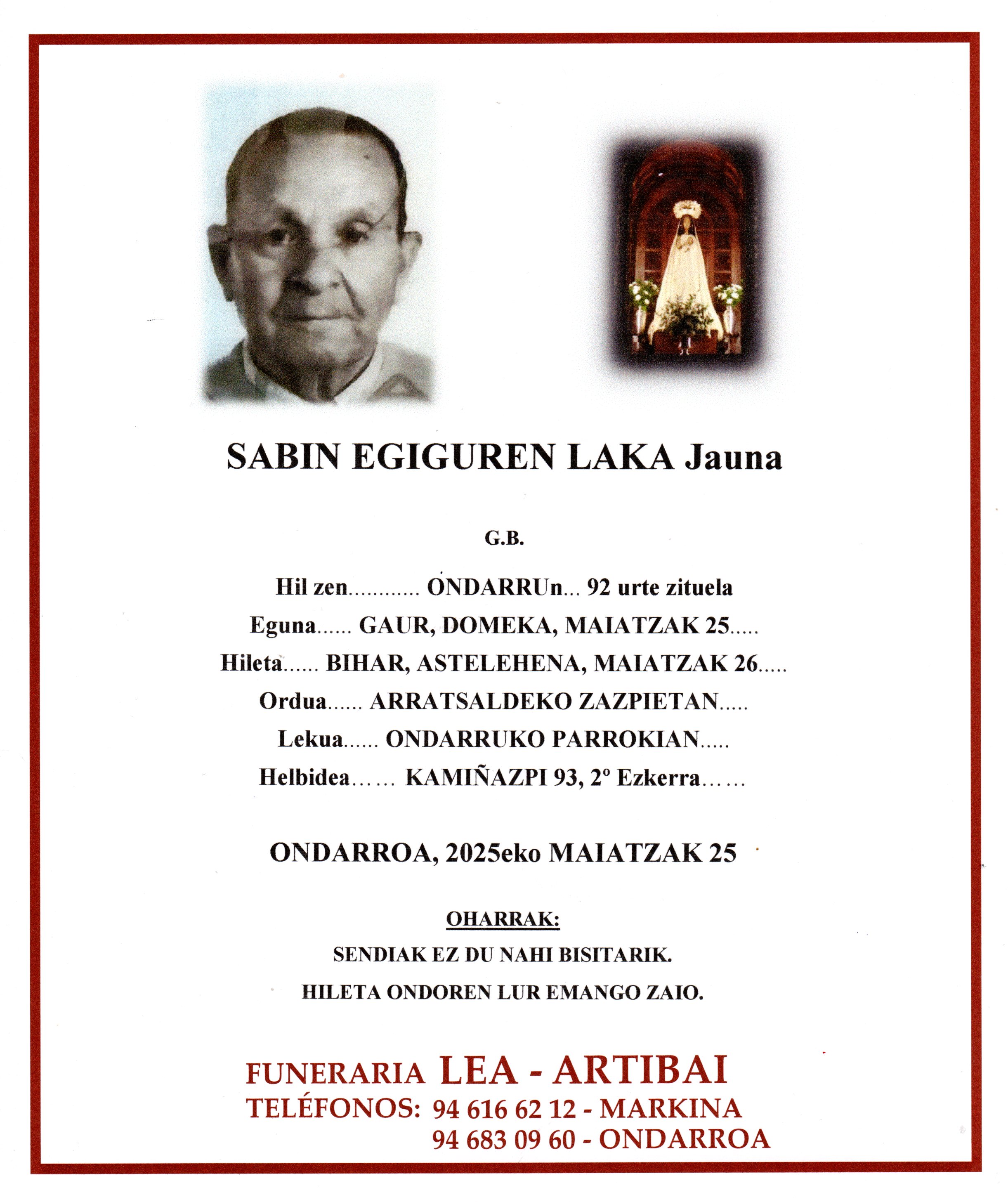 Esquela de Sabin Egiguren Laka