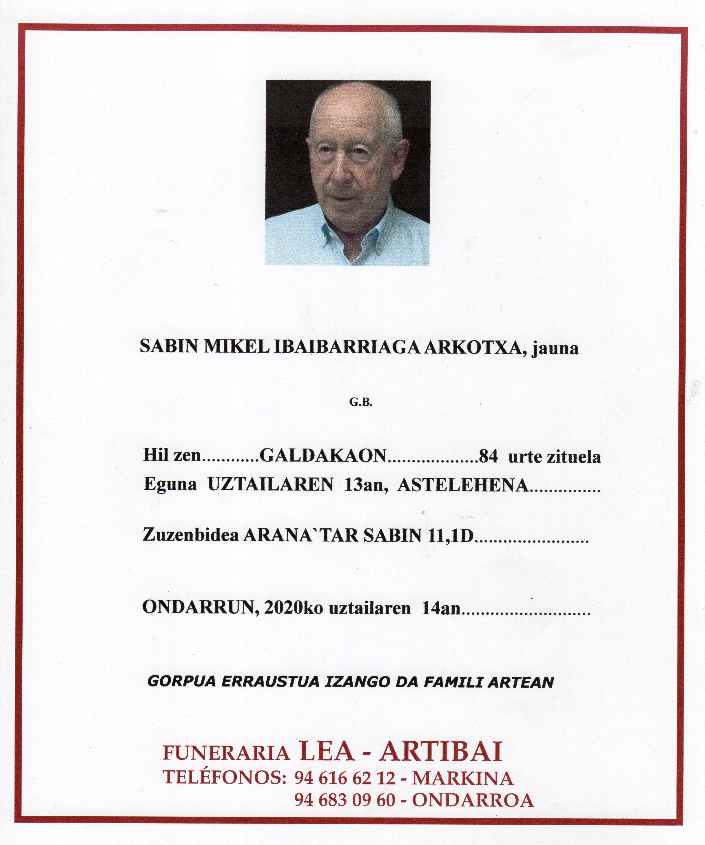 Esquela de Sabin Mikel Ibaibarriaga Arkotxa