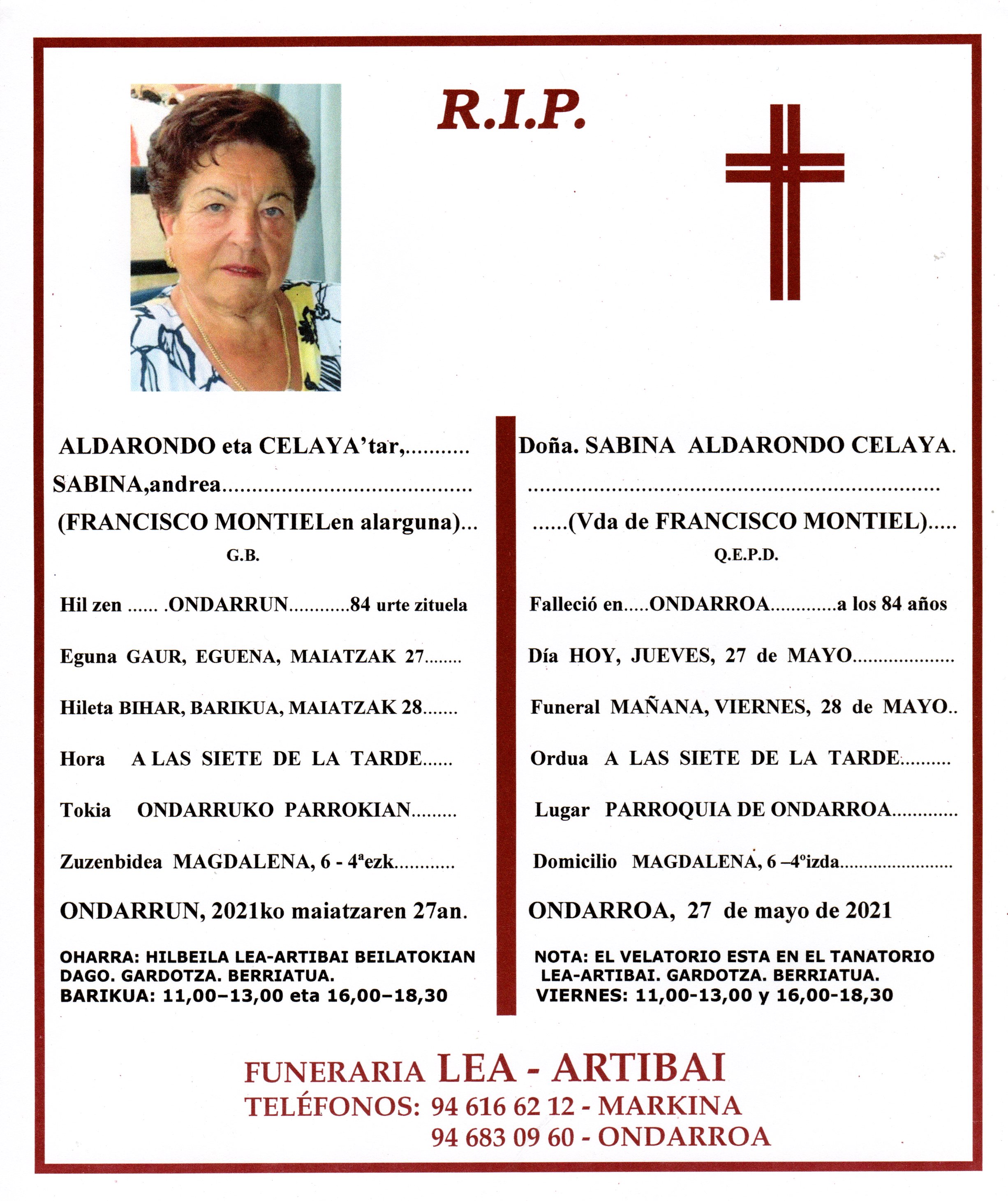 Esquela de Sabina Aldarondo Zelaia