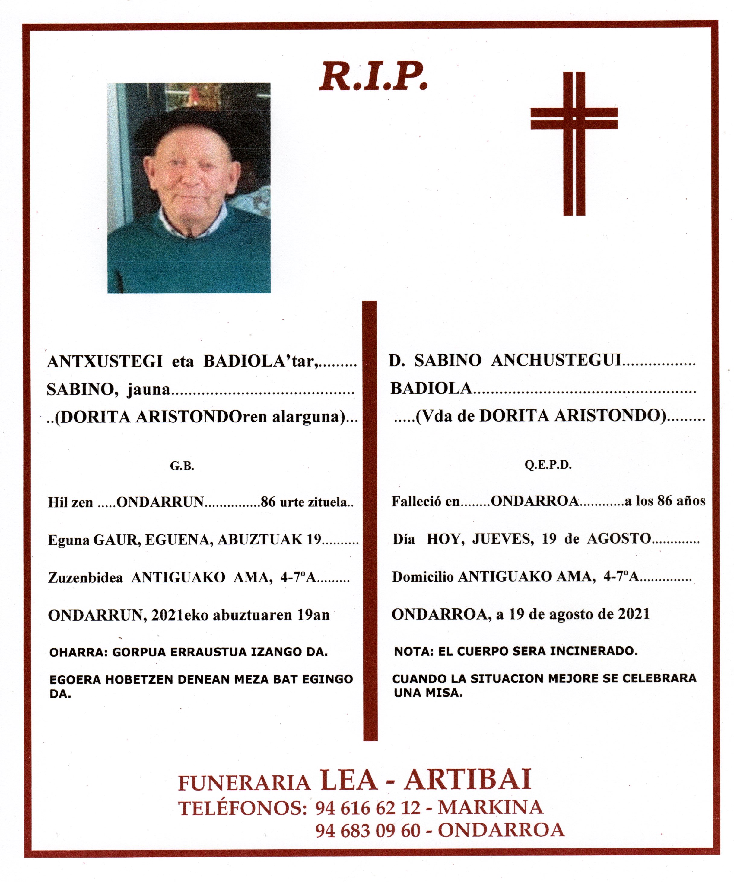 Esquela de Sabino Antxustegi Badiola