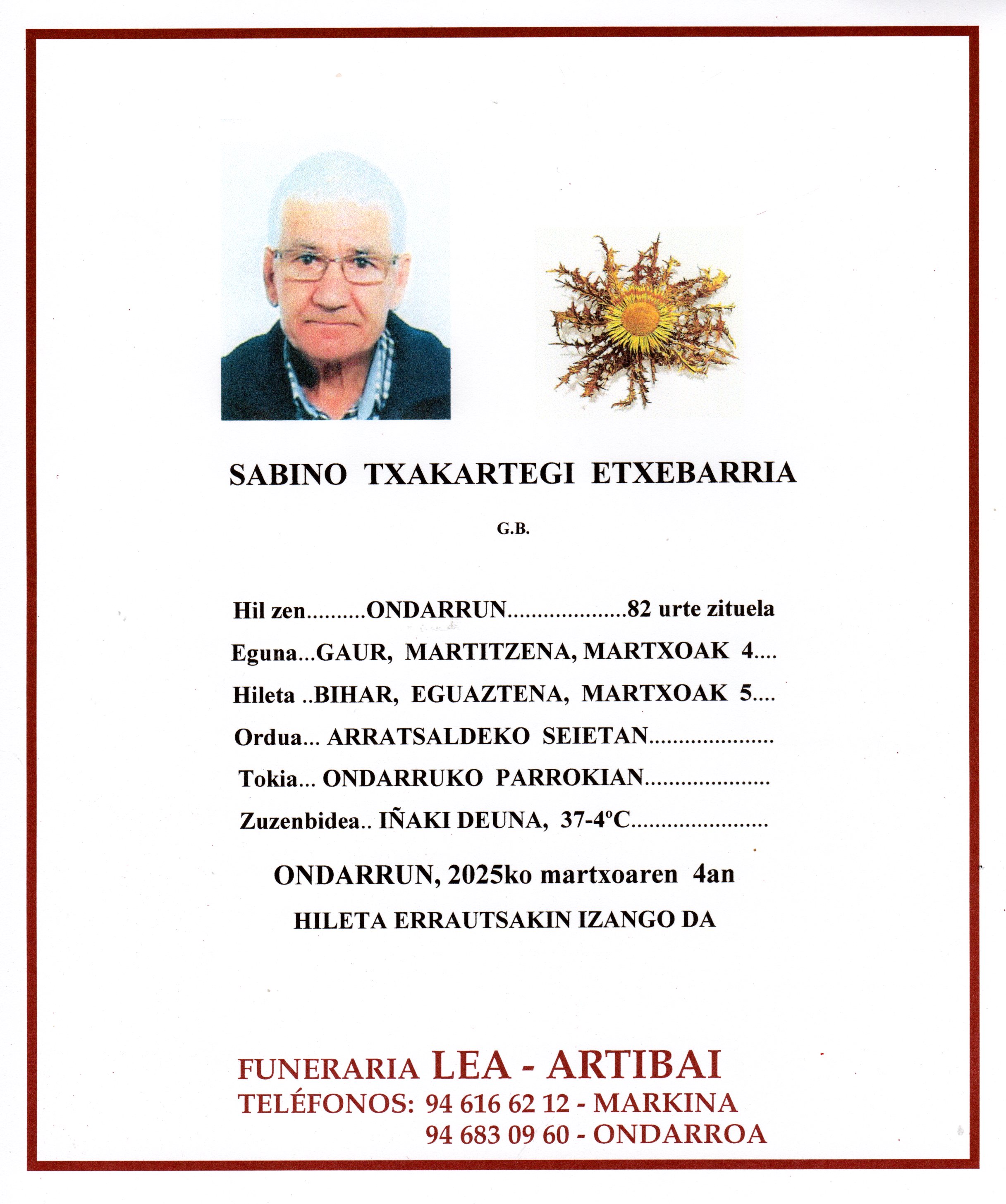 Esquela de Sabino Txakartegi Etxebarria