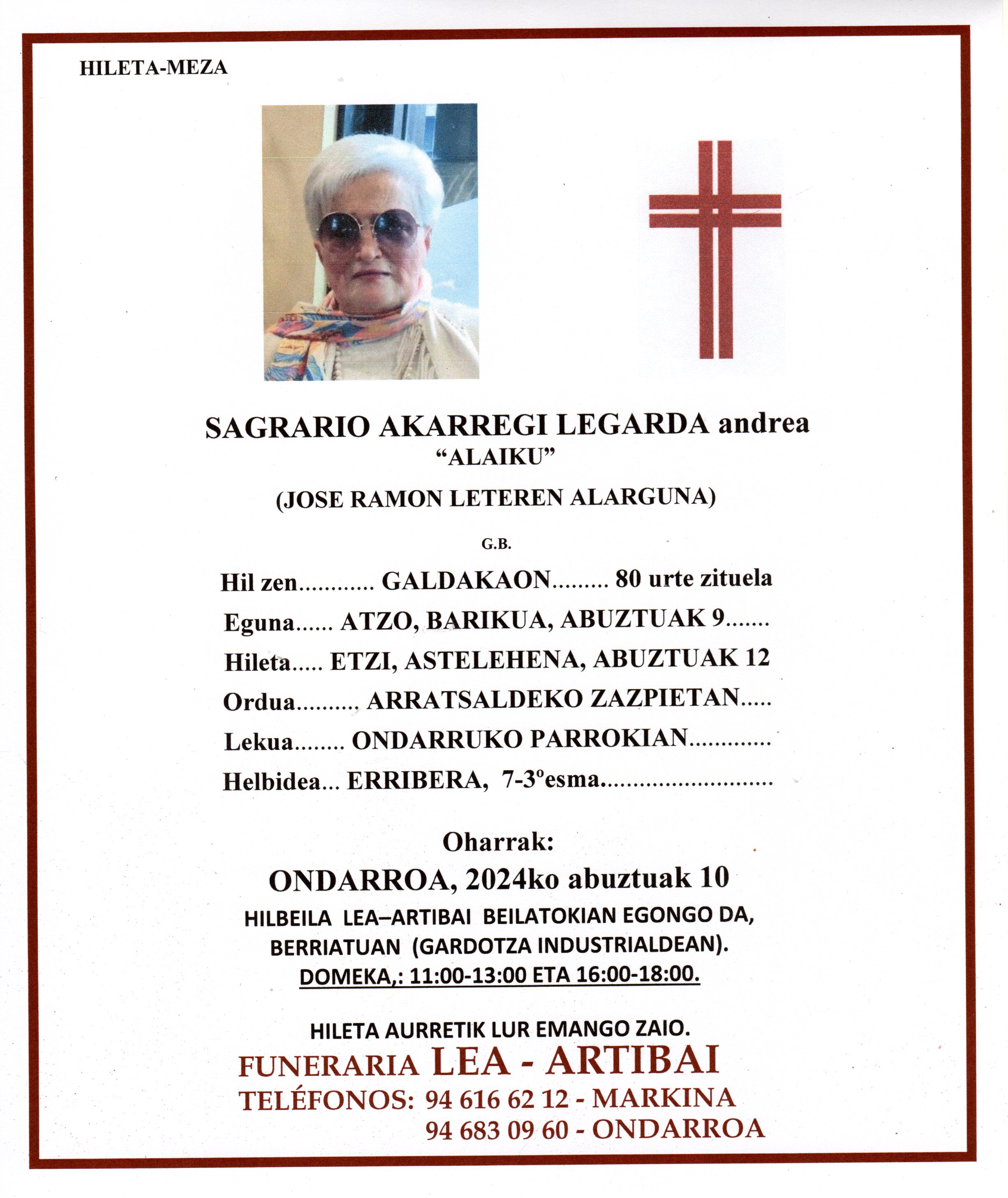 Esquela de Sagrario Akarregi Legarda