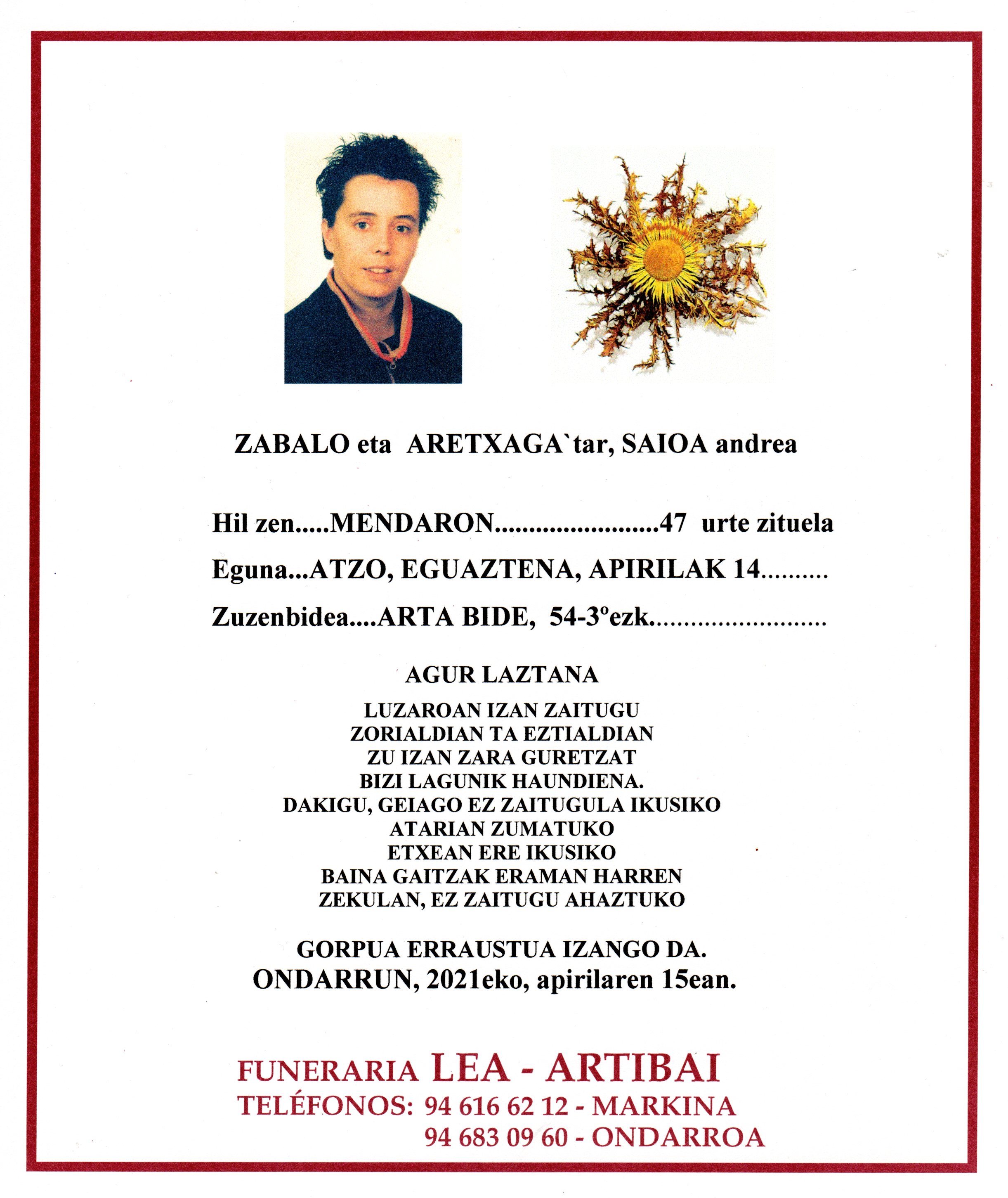 Esquela de Saioa Zabalo Aretxaga