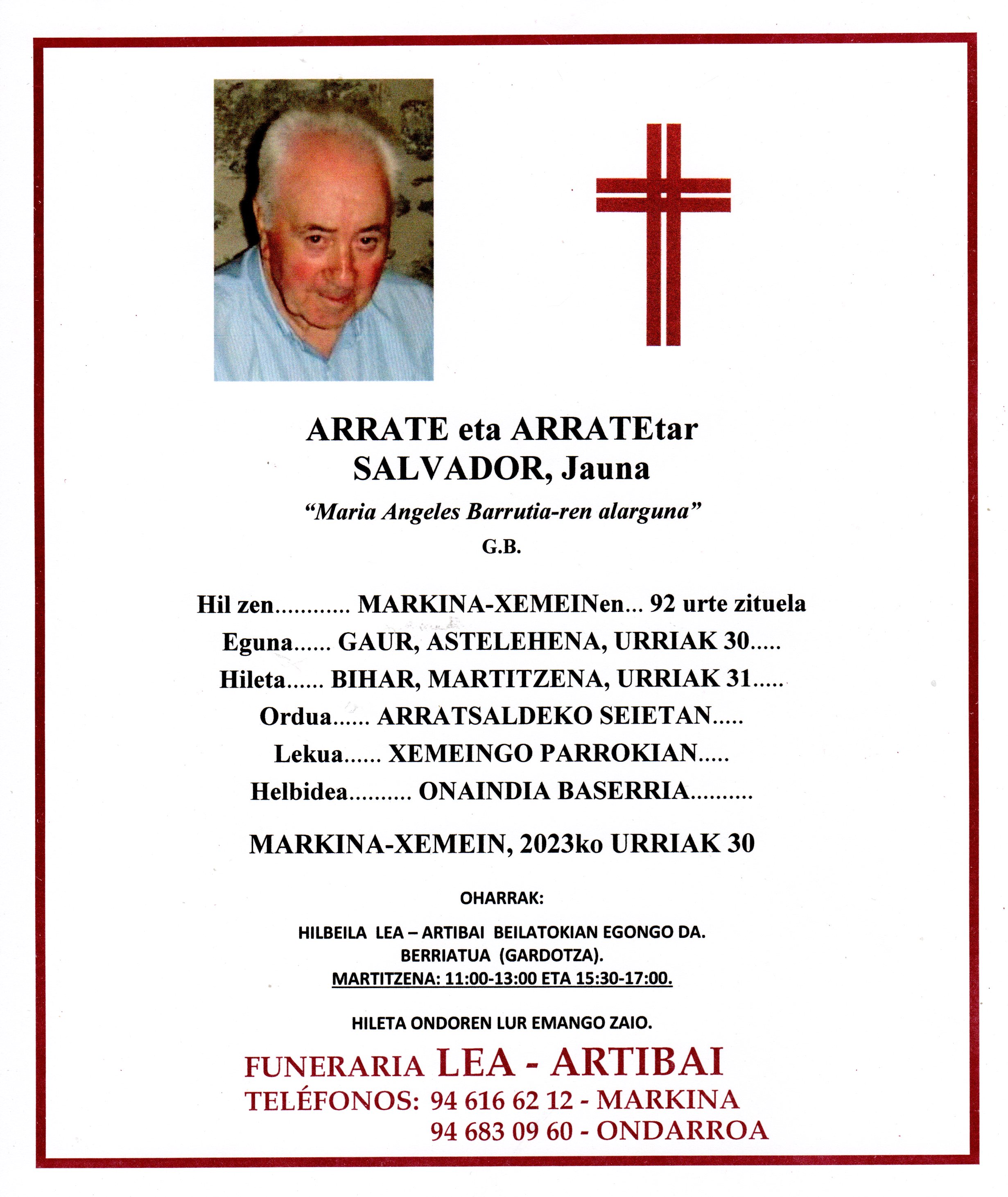 Esquela de Salvador Arrate Arrate